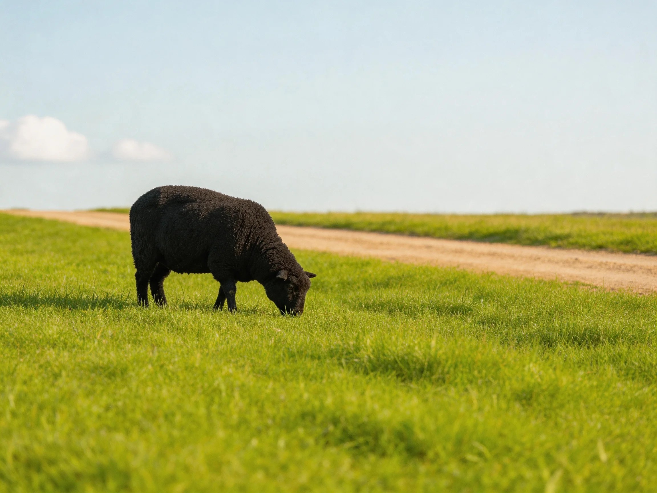 A black sheep grazes in a lush green meadow beside a dirt path
