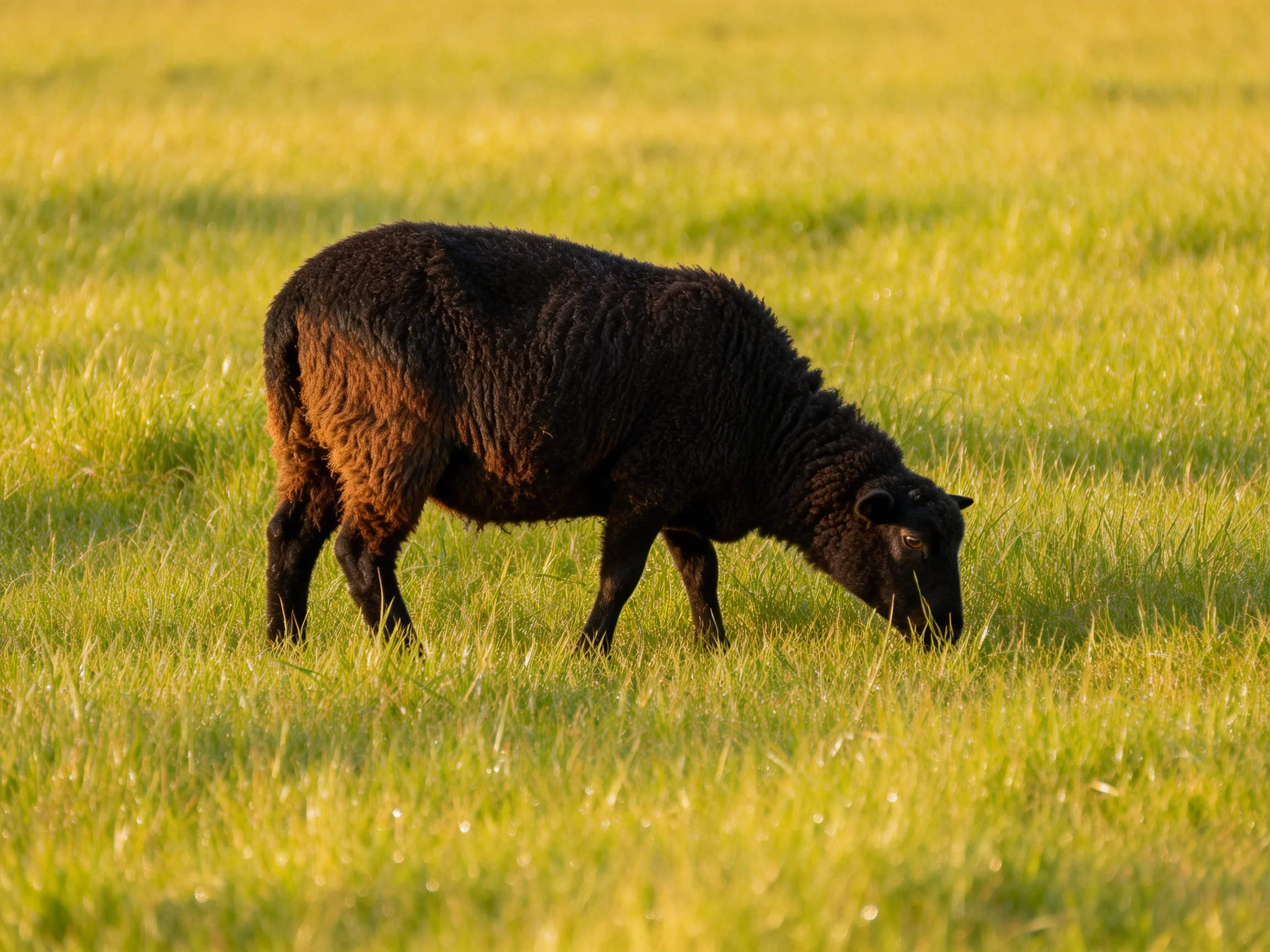 A black sheep grazes in a sunlit green meadow