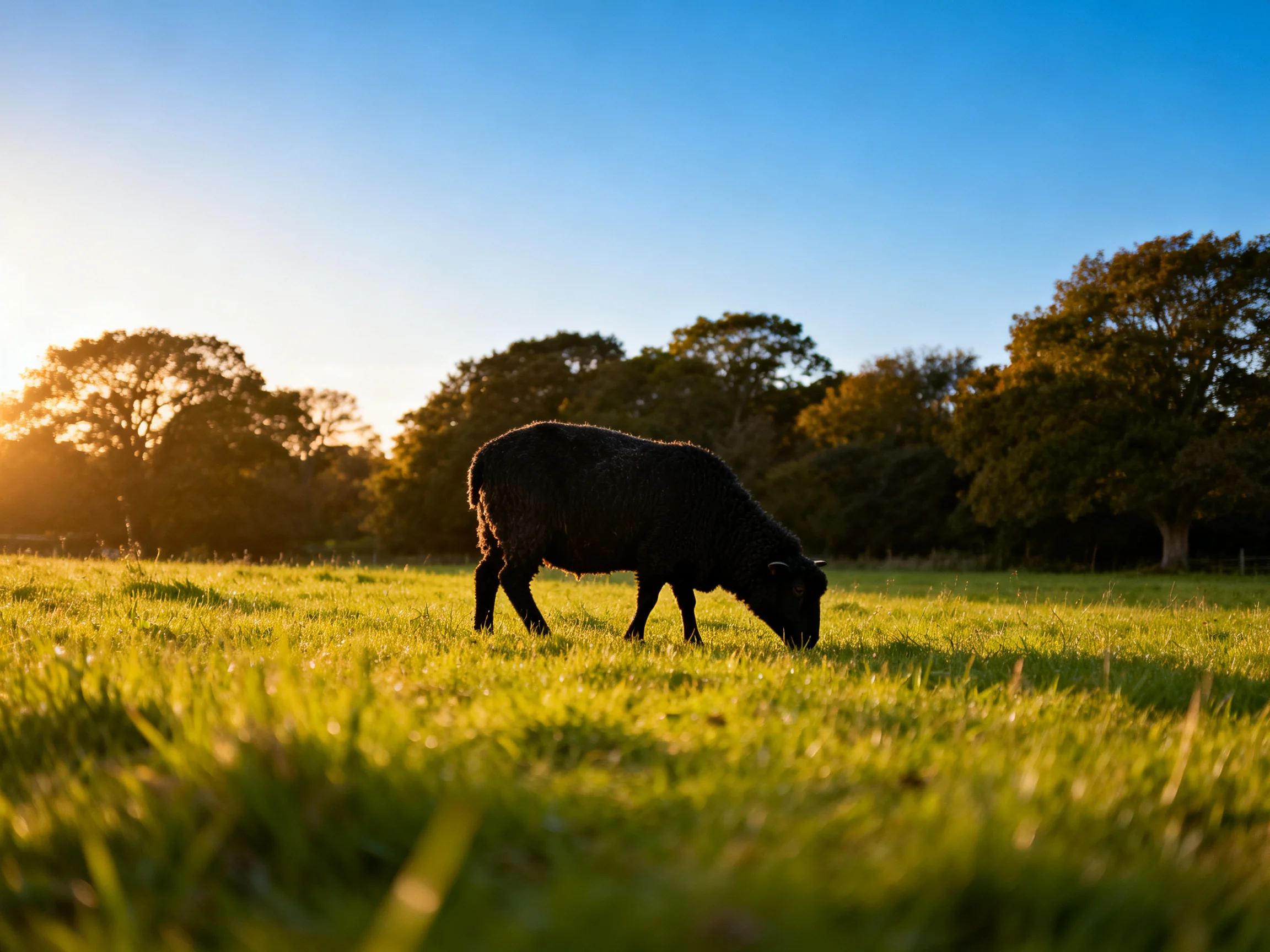 A black sheep grazes in a sunlit green meadow near trees