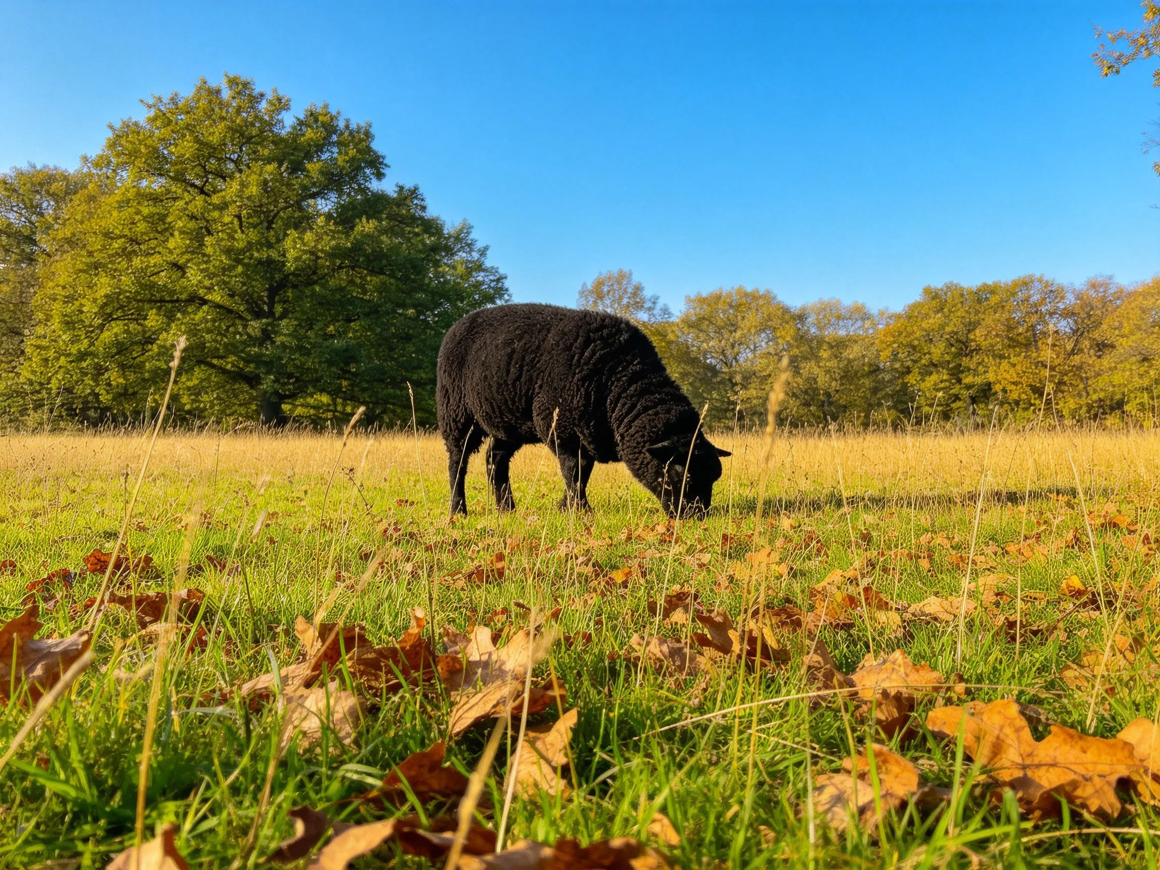 A black sheep grazes in an autumnal meadow with golden foliage