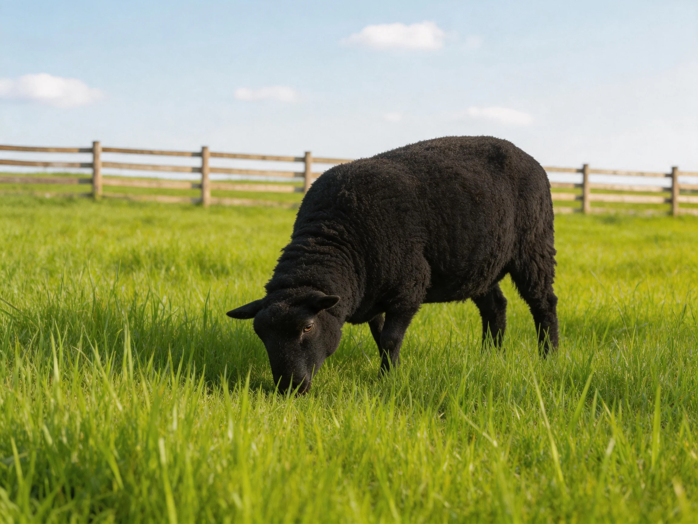 A black sheep grazes in lush green pasture near a wooden fence