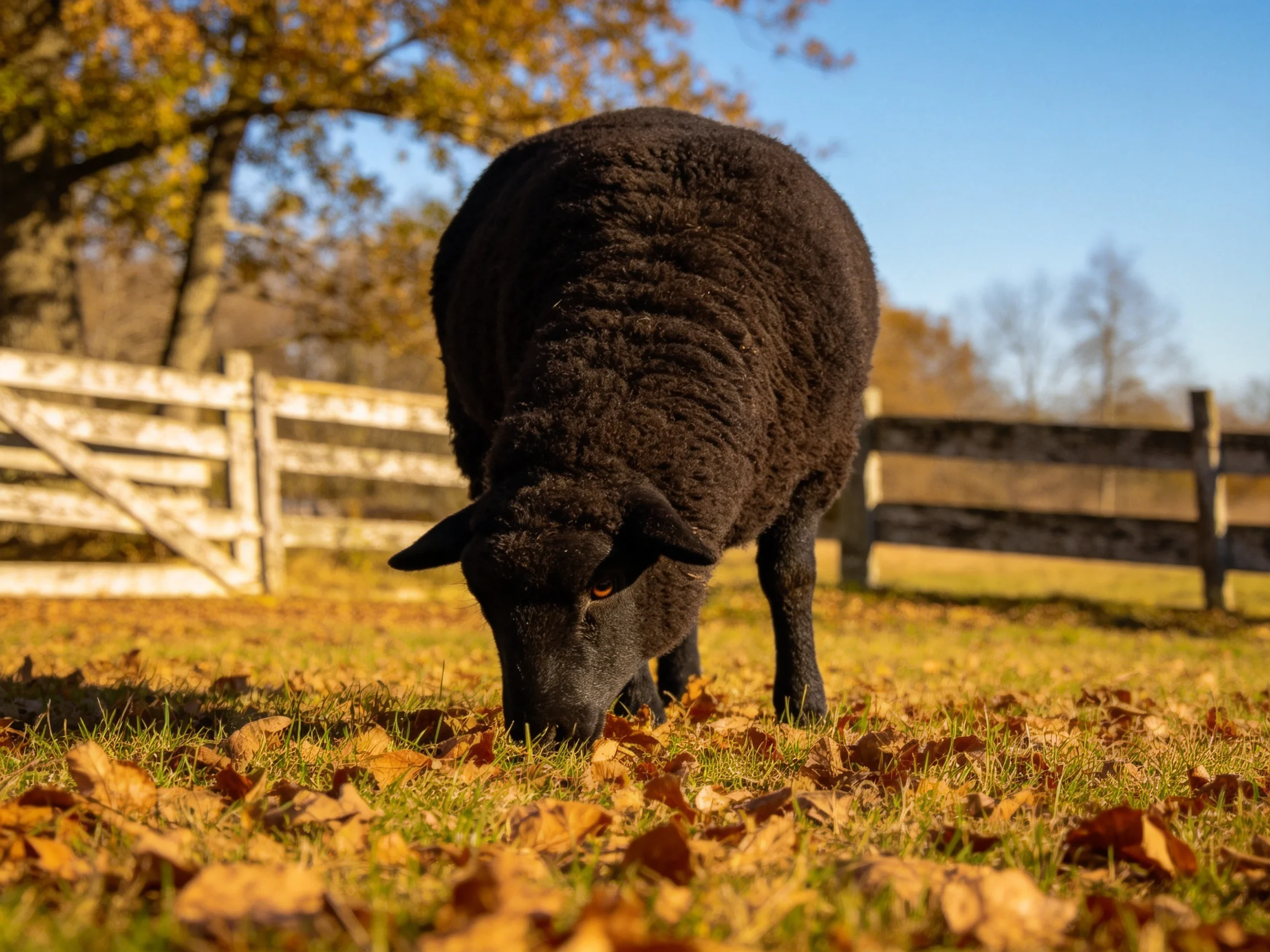 A black sheep grazing among golden autumn leaves near wooden fences