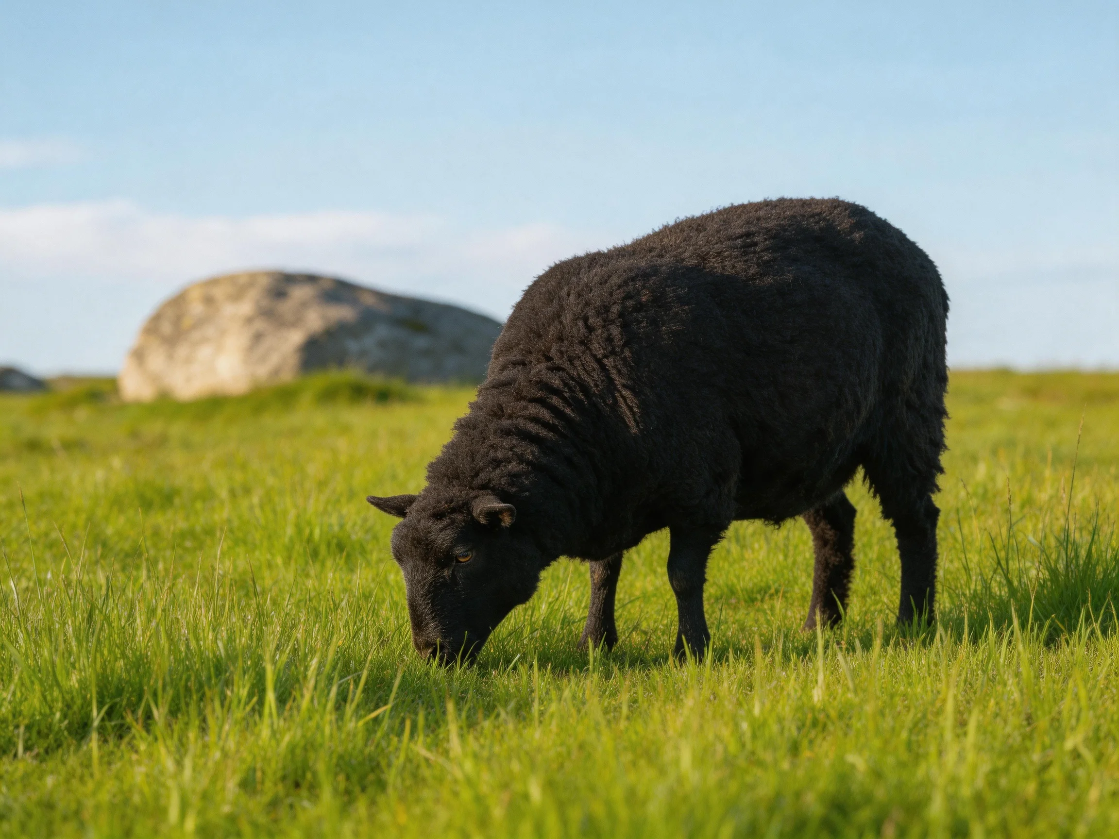 A black sheep grazes in a lush green meadow with a large rock nearby.