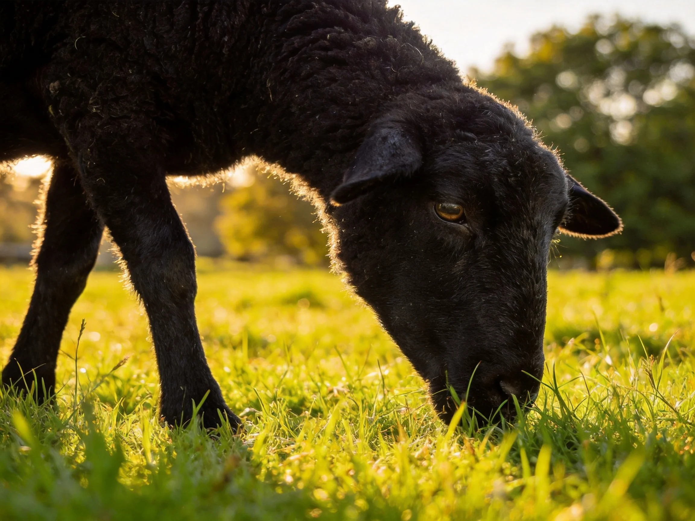 A black sheep grazing in a sunlit green meadow