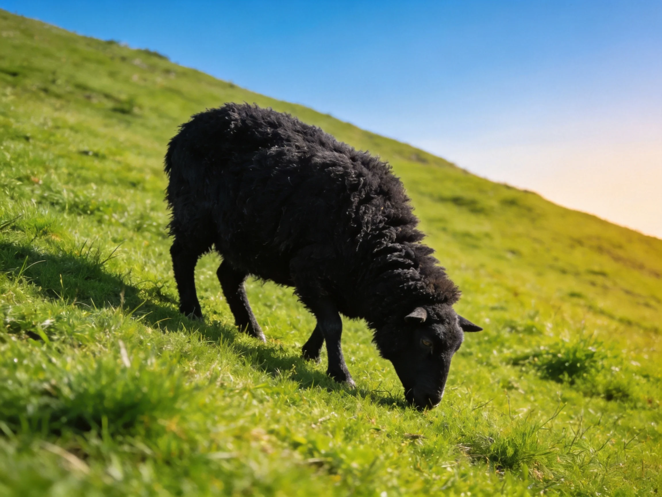 A black sheep grazing on lush green grassy hill