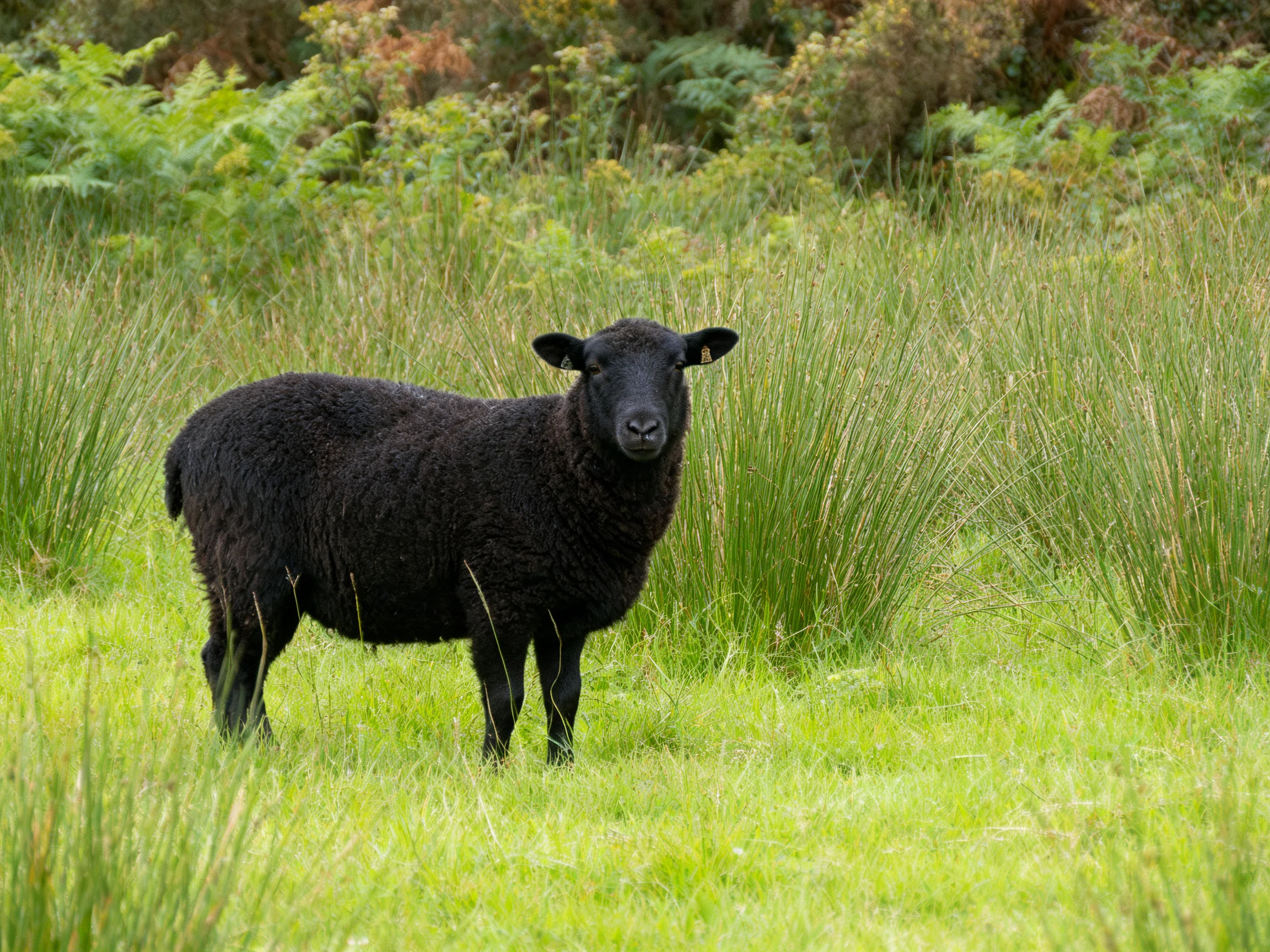A black sheep in a lush green meadow with tall grasses