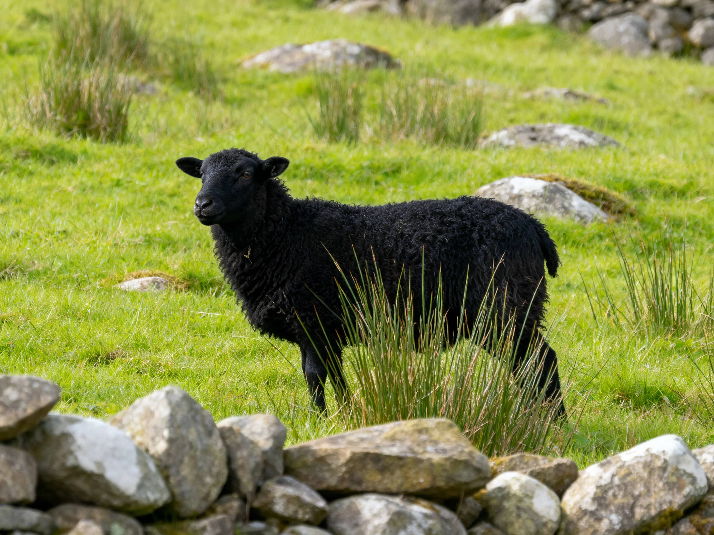A black sheep in a lush green pasture with scattered rocks