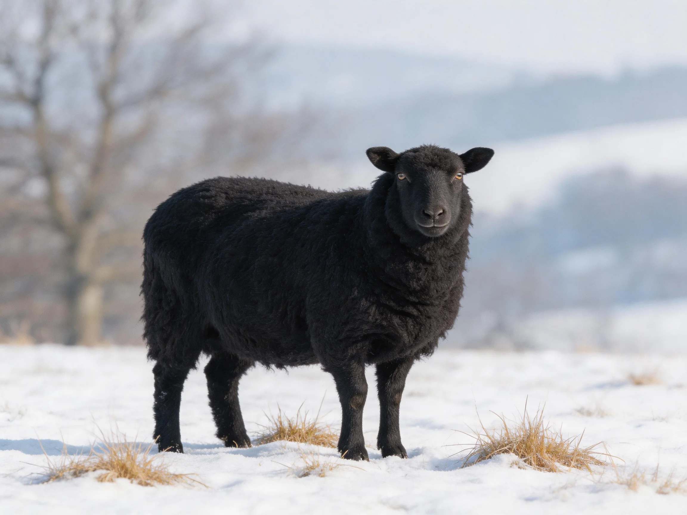 A black sheep in a snowy field with sparse vegetation