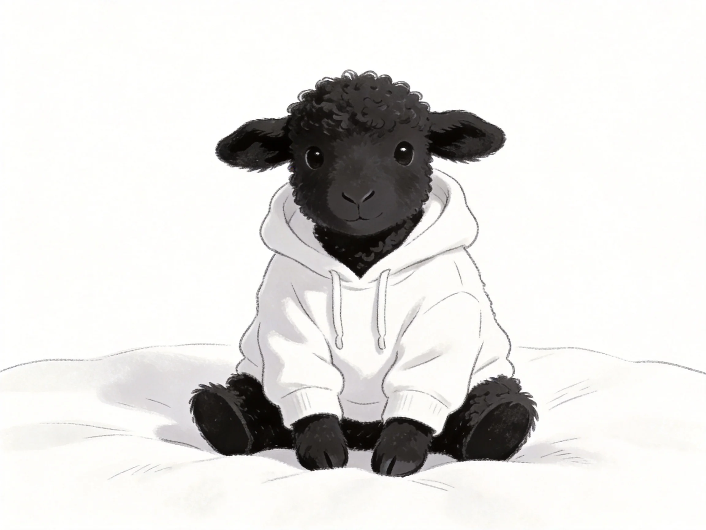 A black sheep in a white hoodie sits on a soft surface