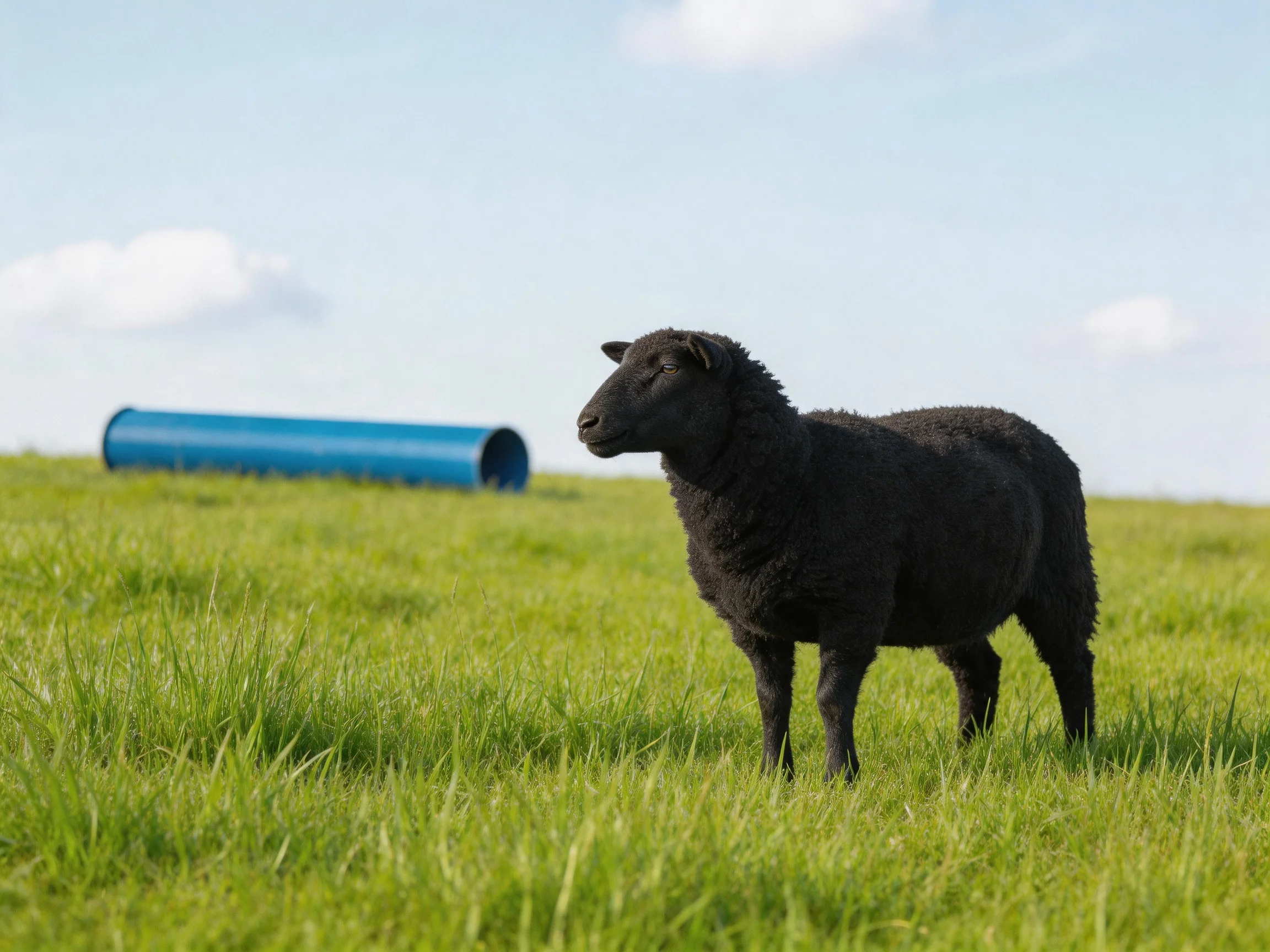A black sheep in lush green grass near a blue cylindrical pipe