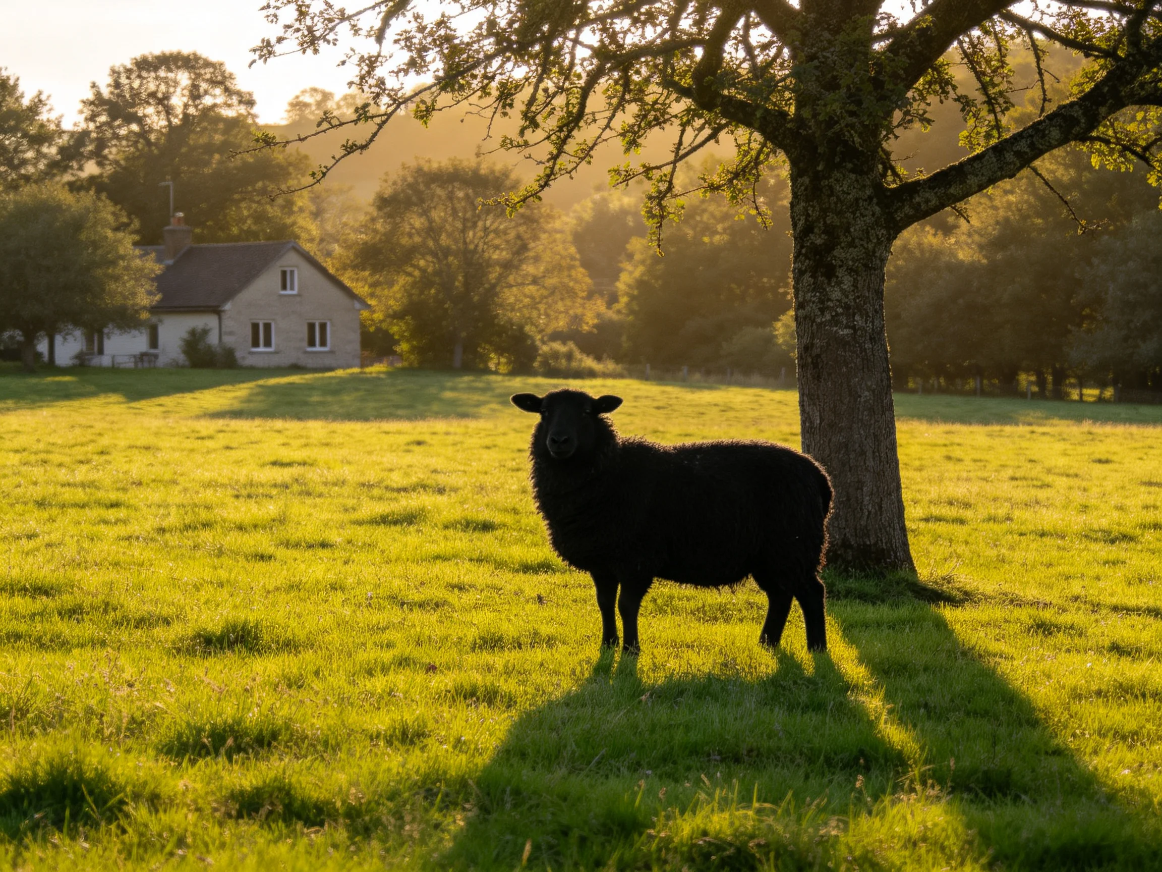 A black sheep stands in a sunlit meadow next to a large tree.