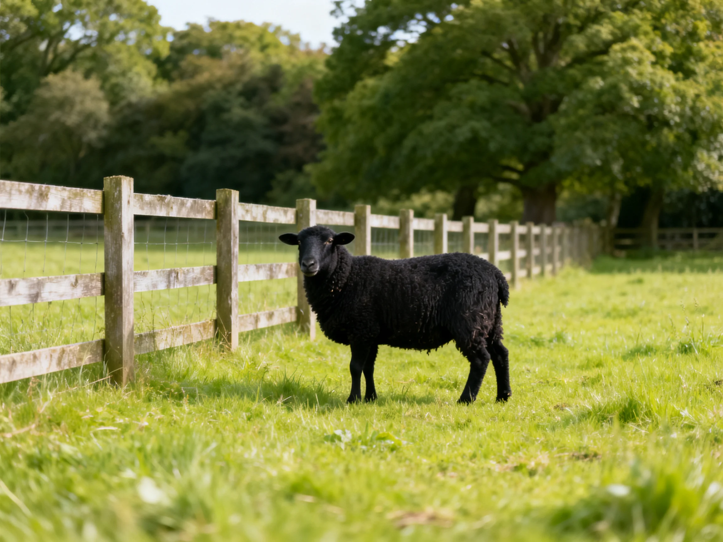 A black sheep near a weathered wooden fence in a lush green pasture