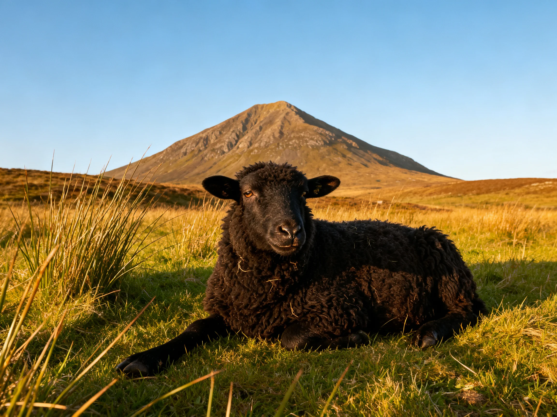 A black sheep resting in golden grass near a conical mountain