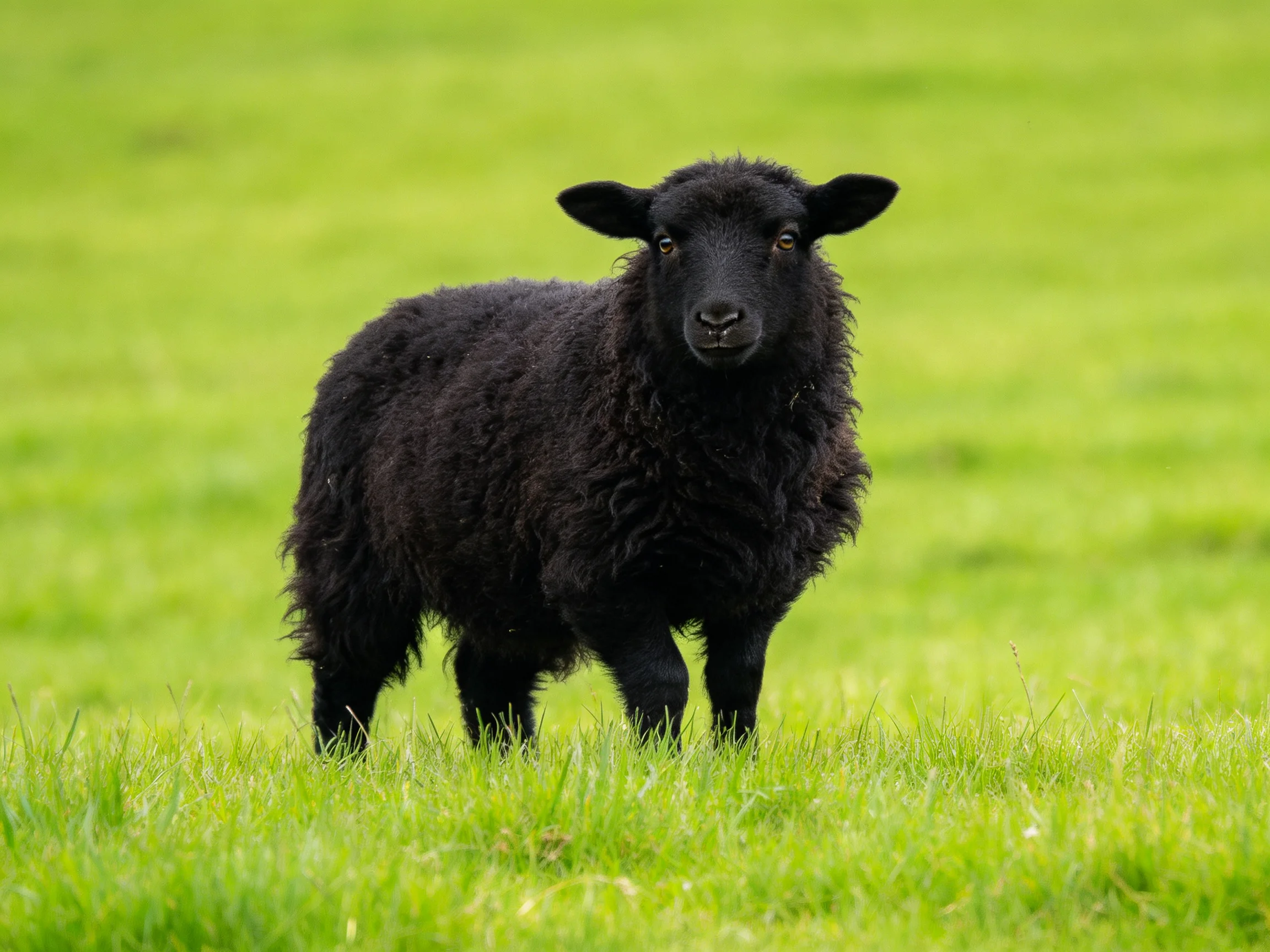 A black sheep stands alone in a lush green meadow
