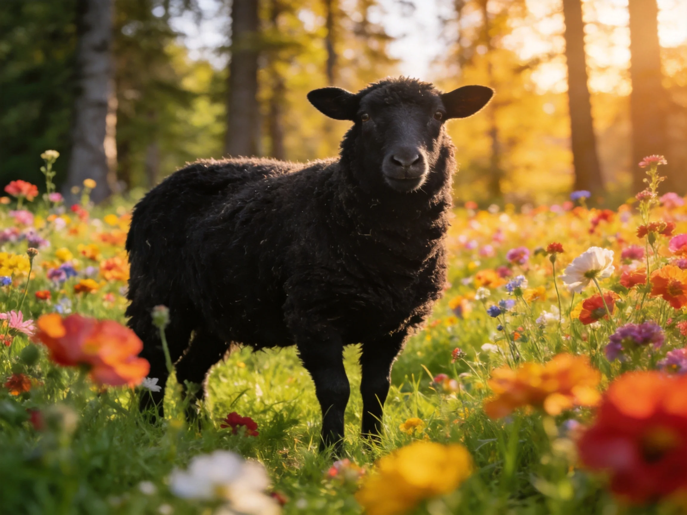 A black sheep stands among vibrant wildflowers in a sun-dappled forest