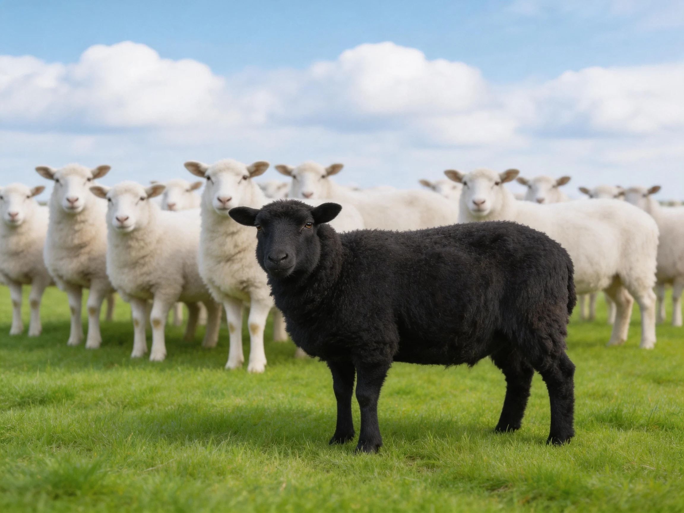 A black sheep stands among white sheep in a green pasture