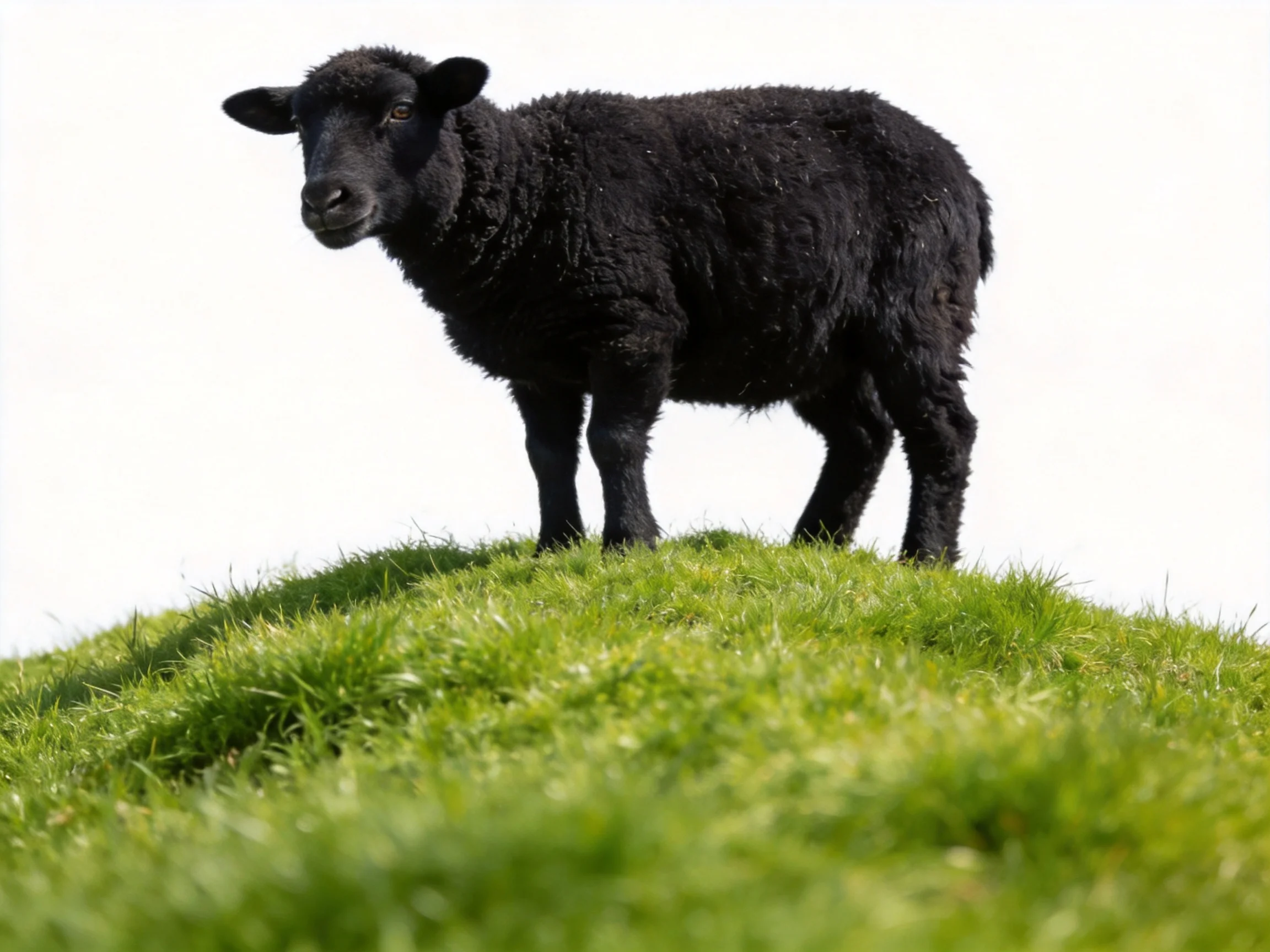 A black sheep stands atop a lush green grassy mound