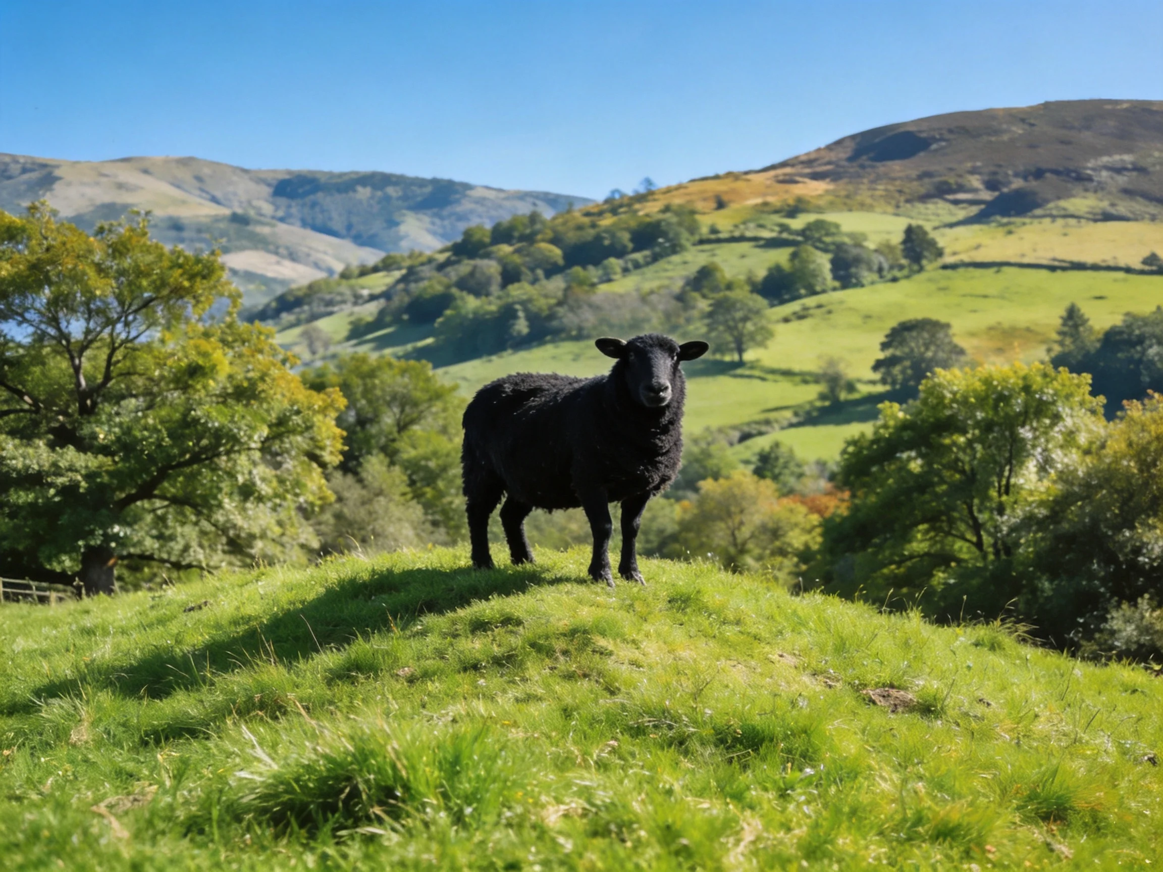 A black sheep stands atop a lush green hillside with rolling mountains