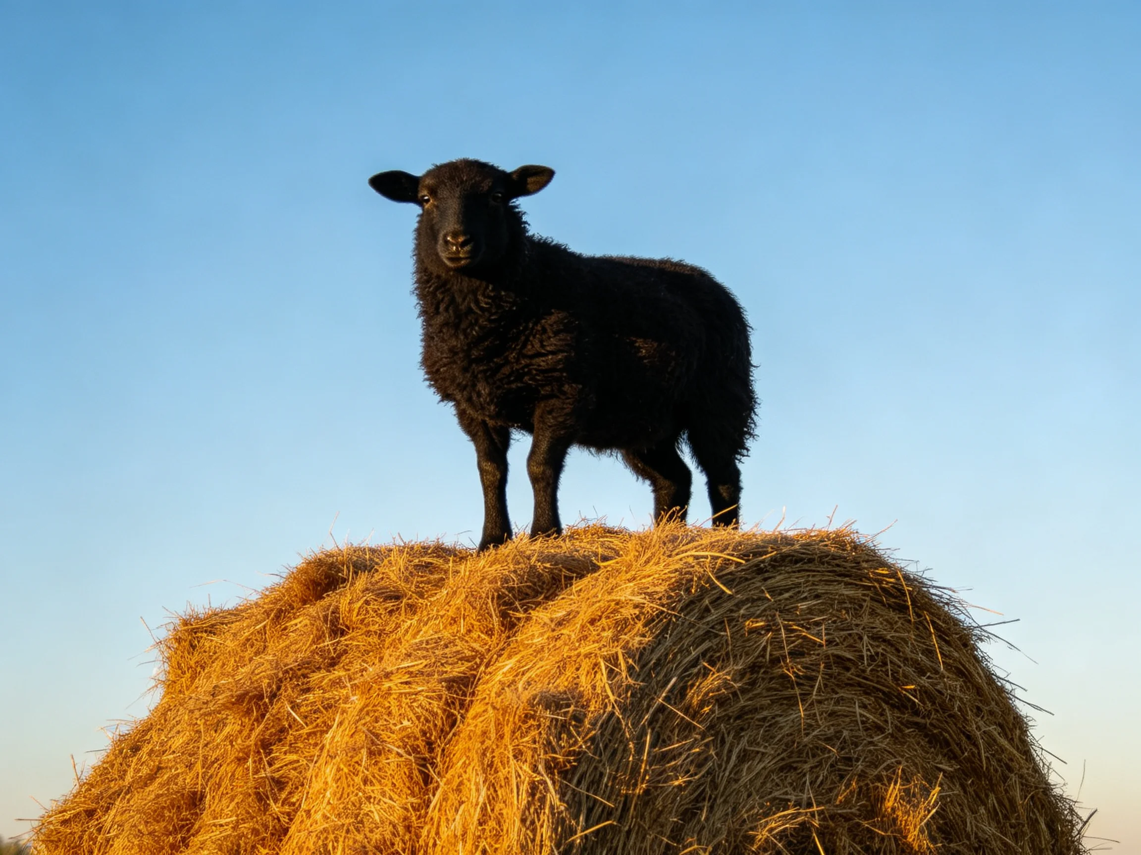 A black sheep stands atop golden hay bales under clear blue sky