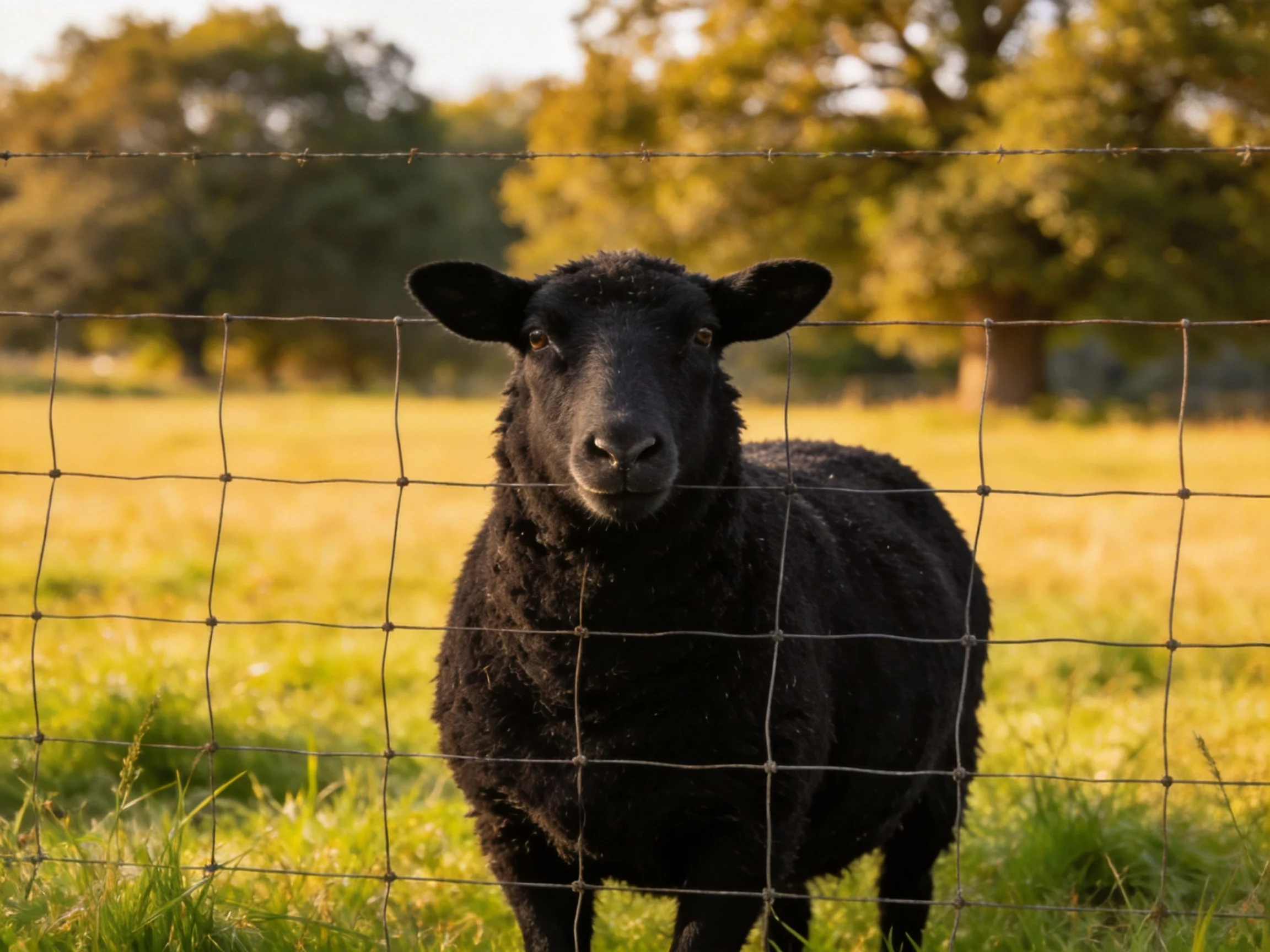 A black sheep stands behind a wire fence in a sunlit field