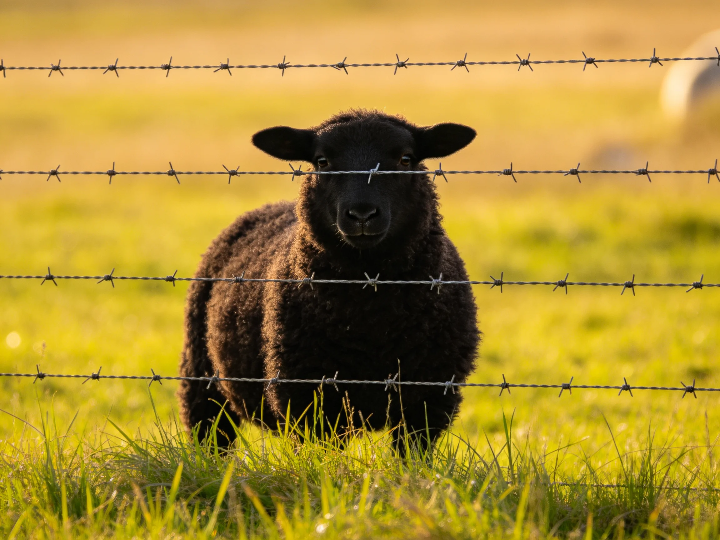 A black sheep stands behind four strands of barbed wire in a sunlit meadow