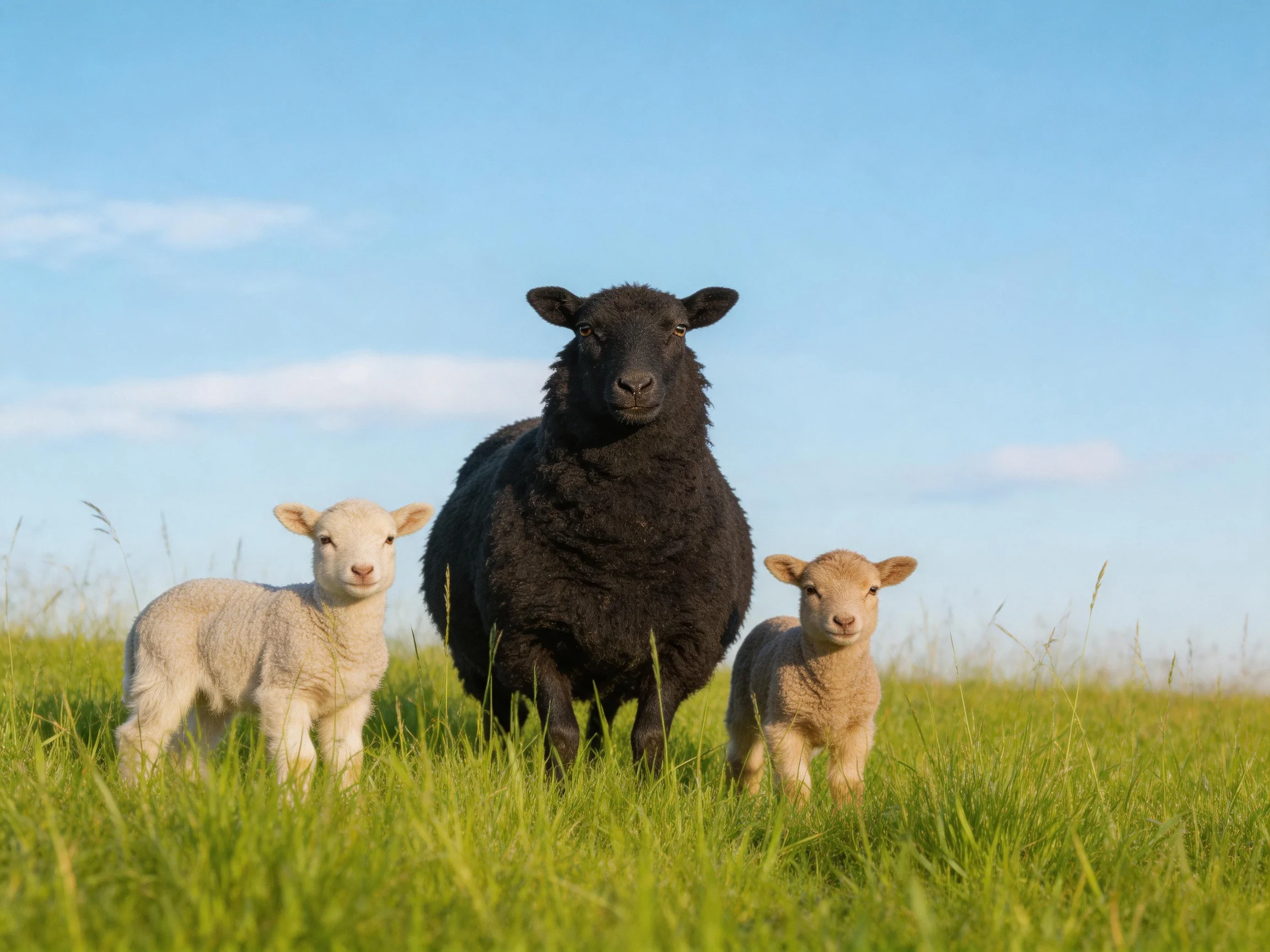 A black sheep stands between two lambs in a sunny meadow