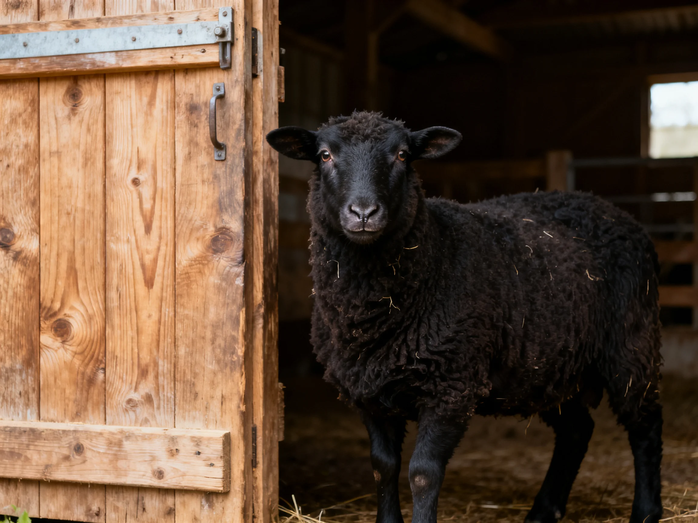 A black sheep stands by an open wooden barn door