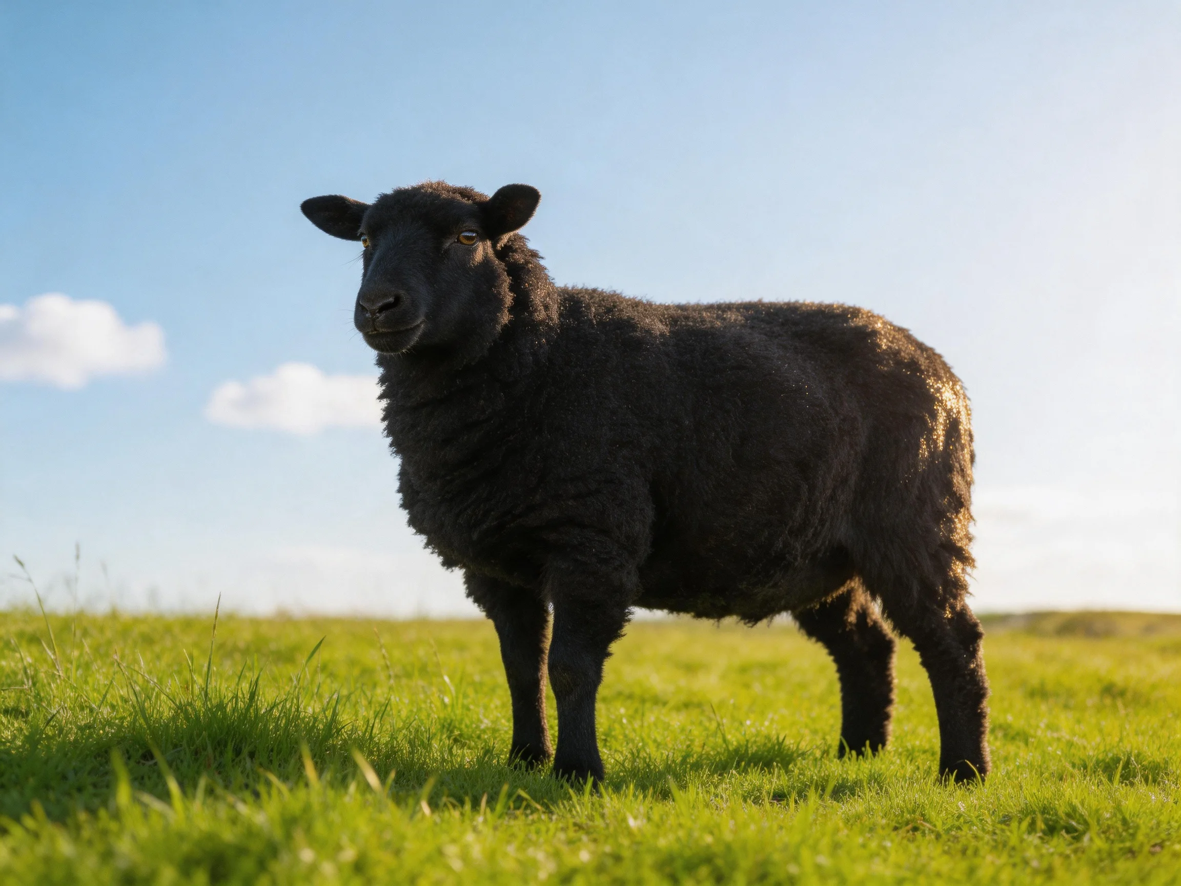 A black sheep stands alone in a sunlit meadow with a blue sky backdrop.