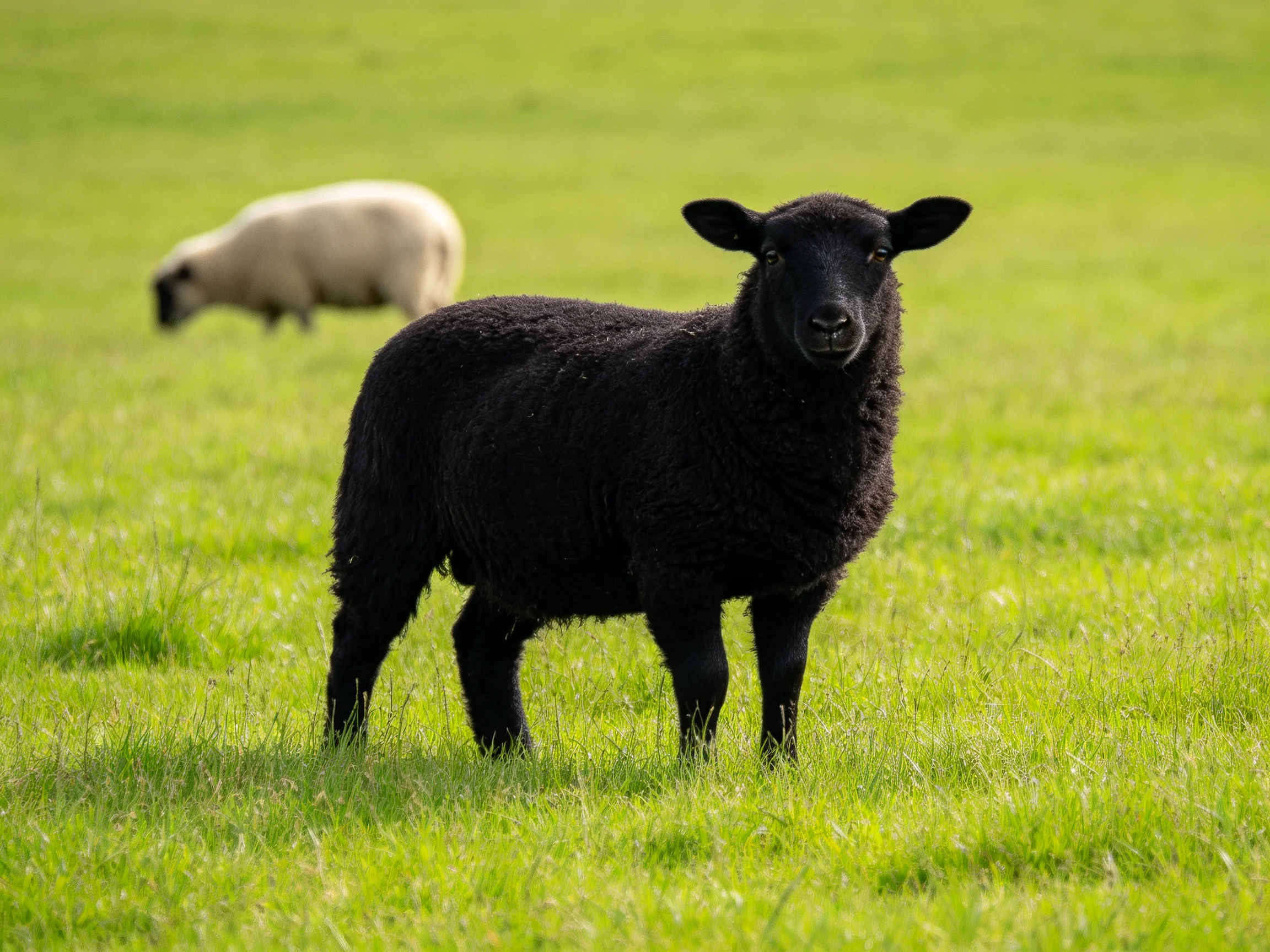 A black sheep stands in a lush green pasture with a white sheep in the distance