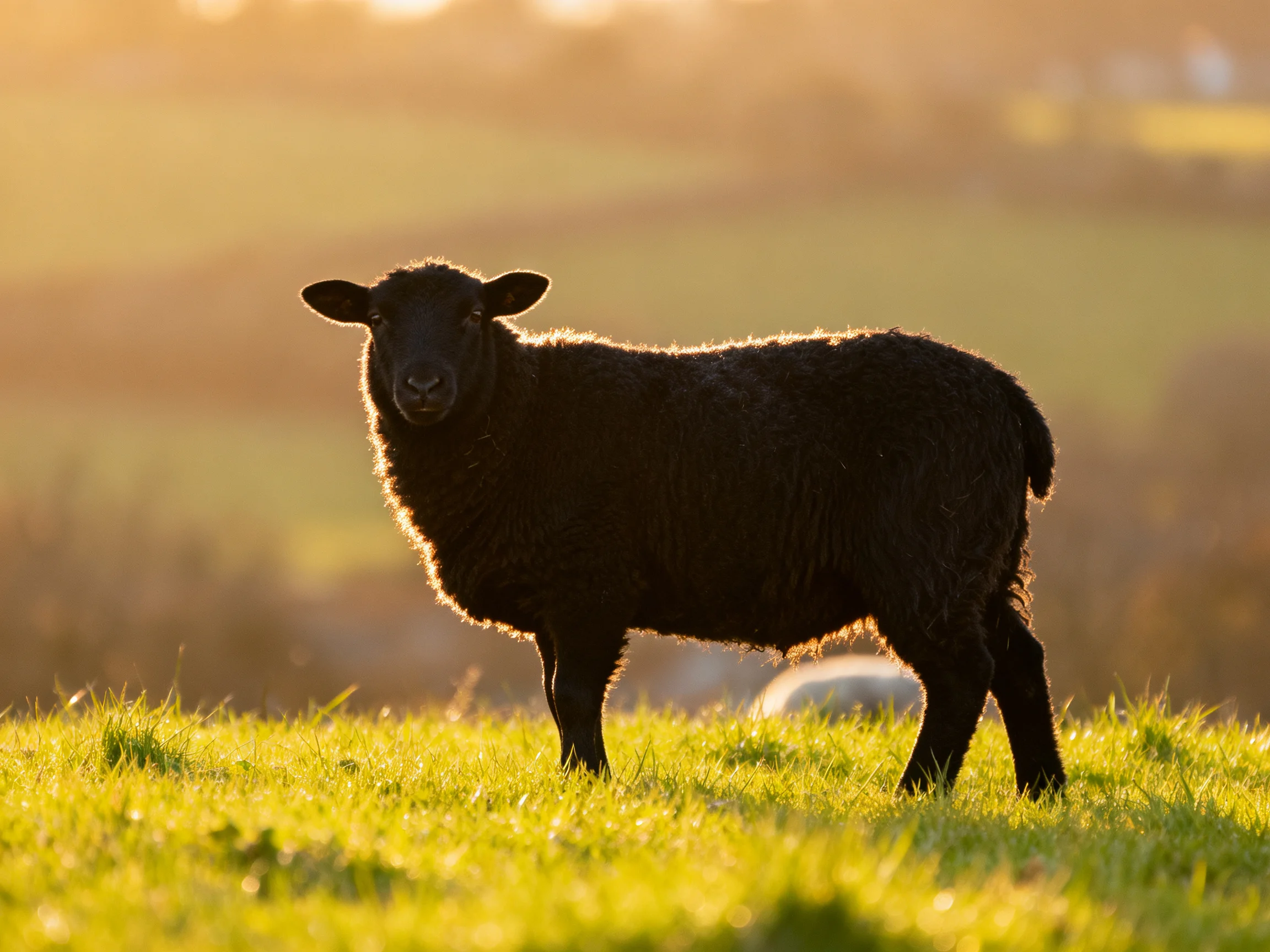 A black sheep stands in a sunlit green meadow at sunset