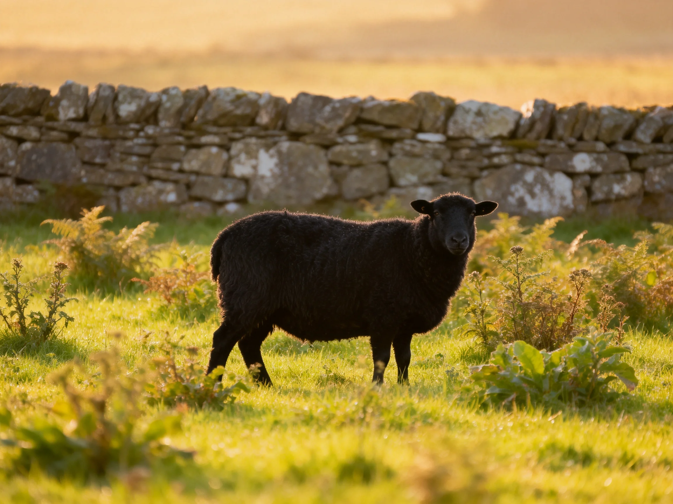 A black sheep stands in a sunlit pasture next to an old stone wall.