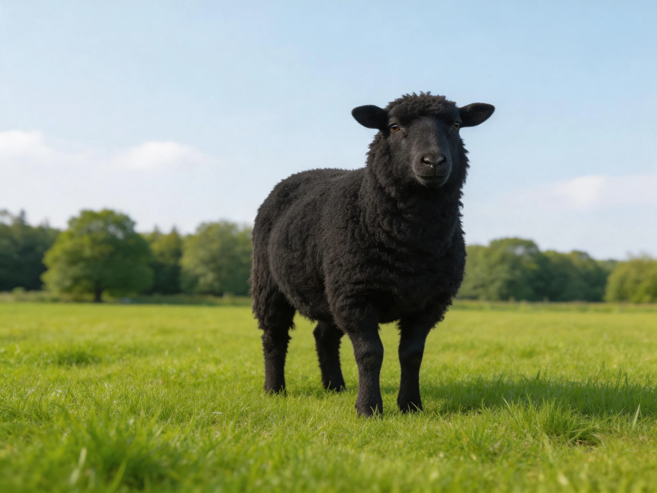 A black sheep stands in a sunny green pasture