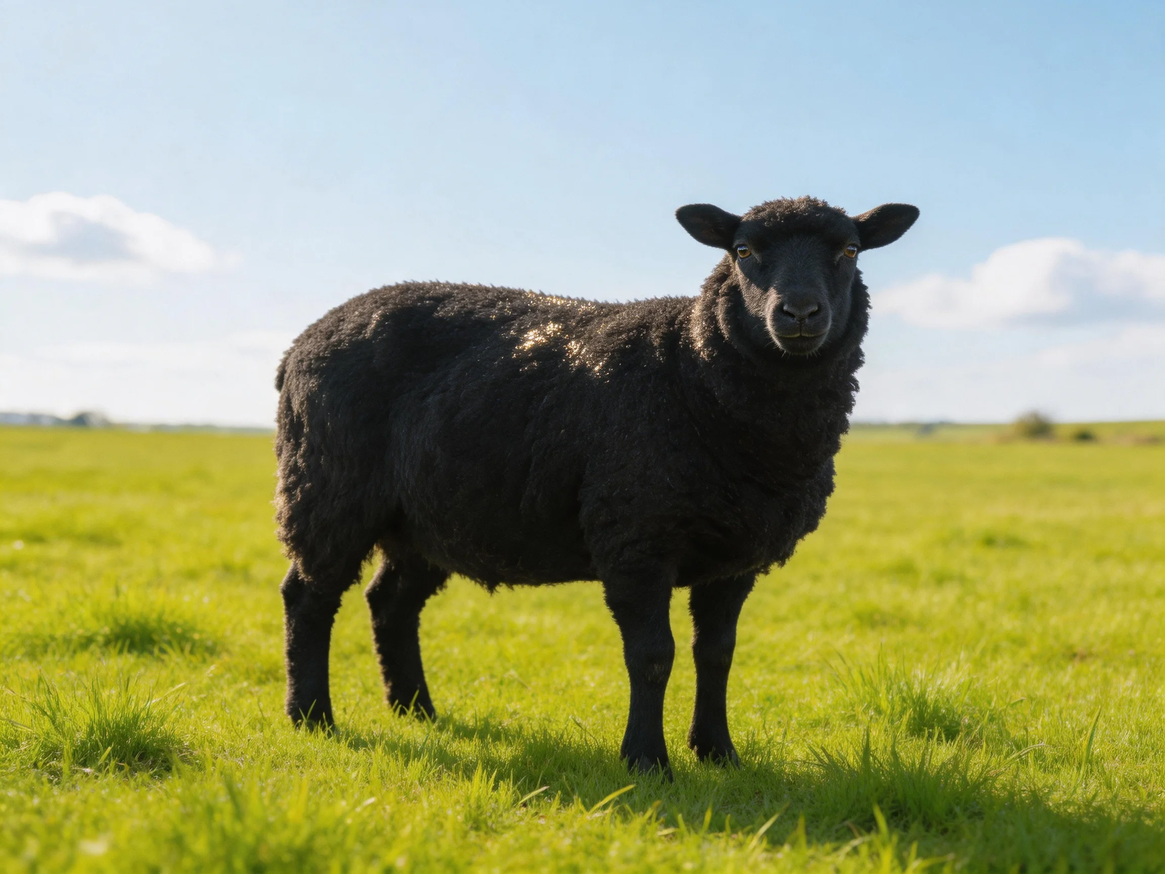 A black sheep stands in a vast green field under blue sky