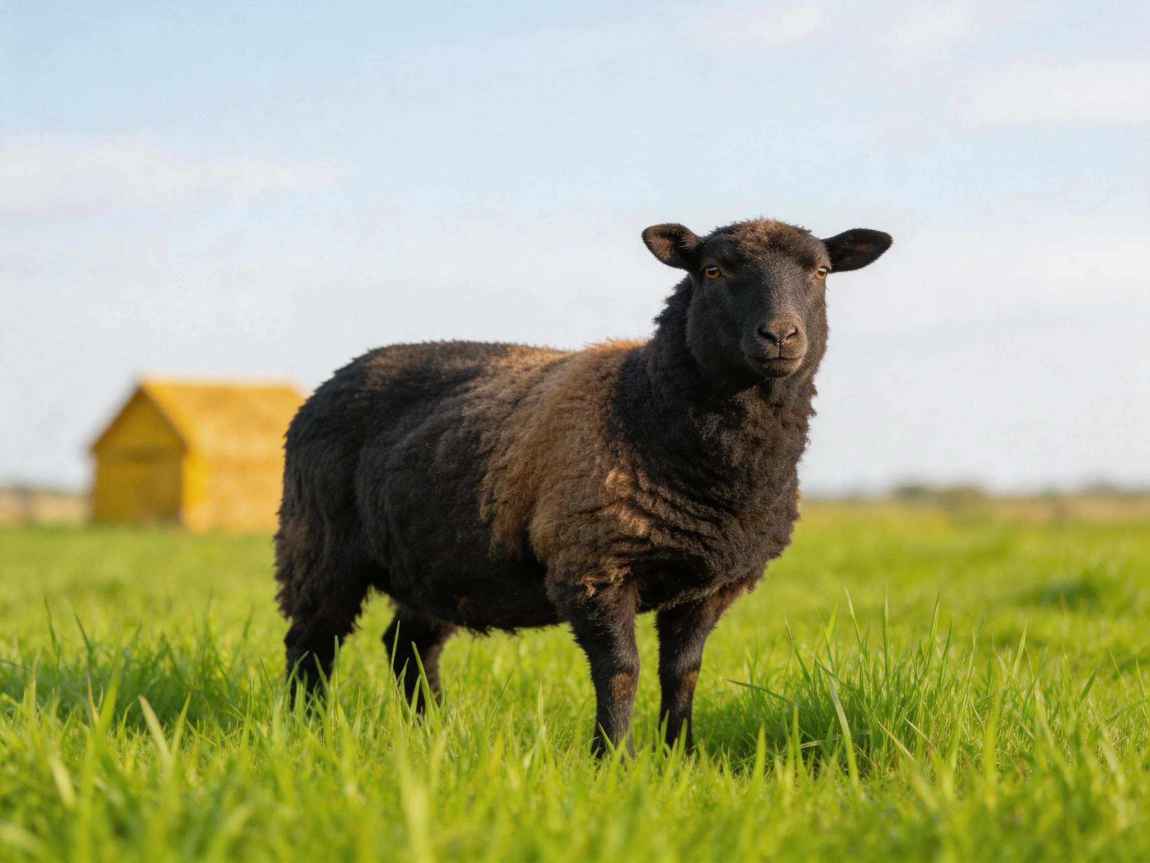 A black sheep stands in lush green grass near a yellow shed