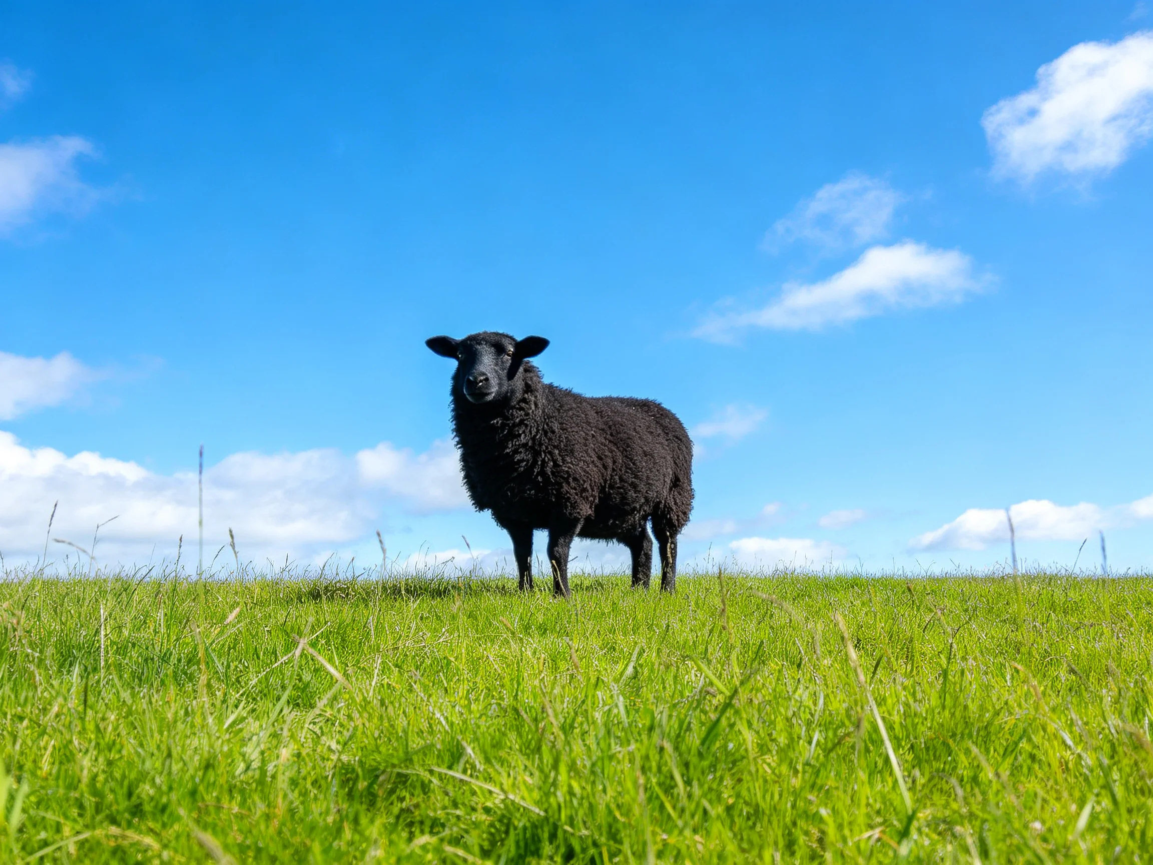 A black sheep stands in vibrant green grass under bright blue sky