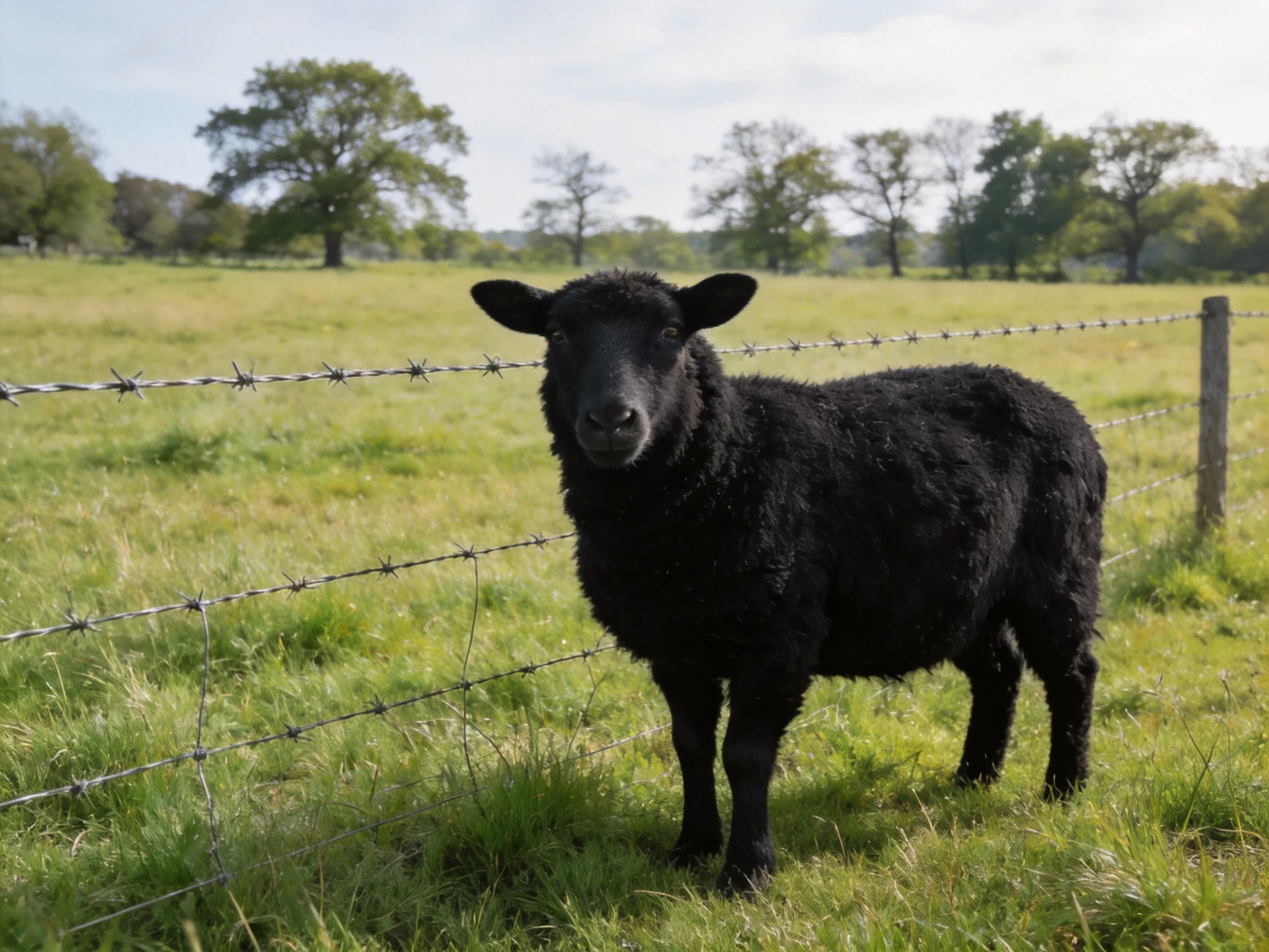 A black sheep stands near a barbed wire fence in a green pasture