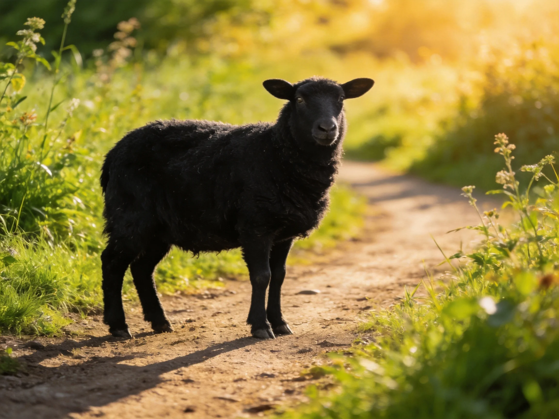 A black sheep stands on a sunlit dirt path surrounded by greenery