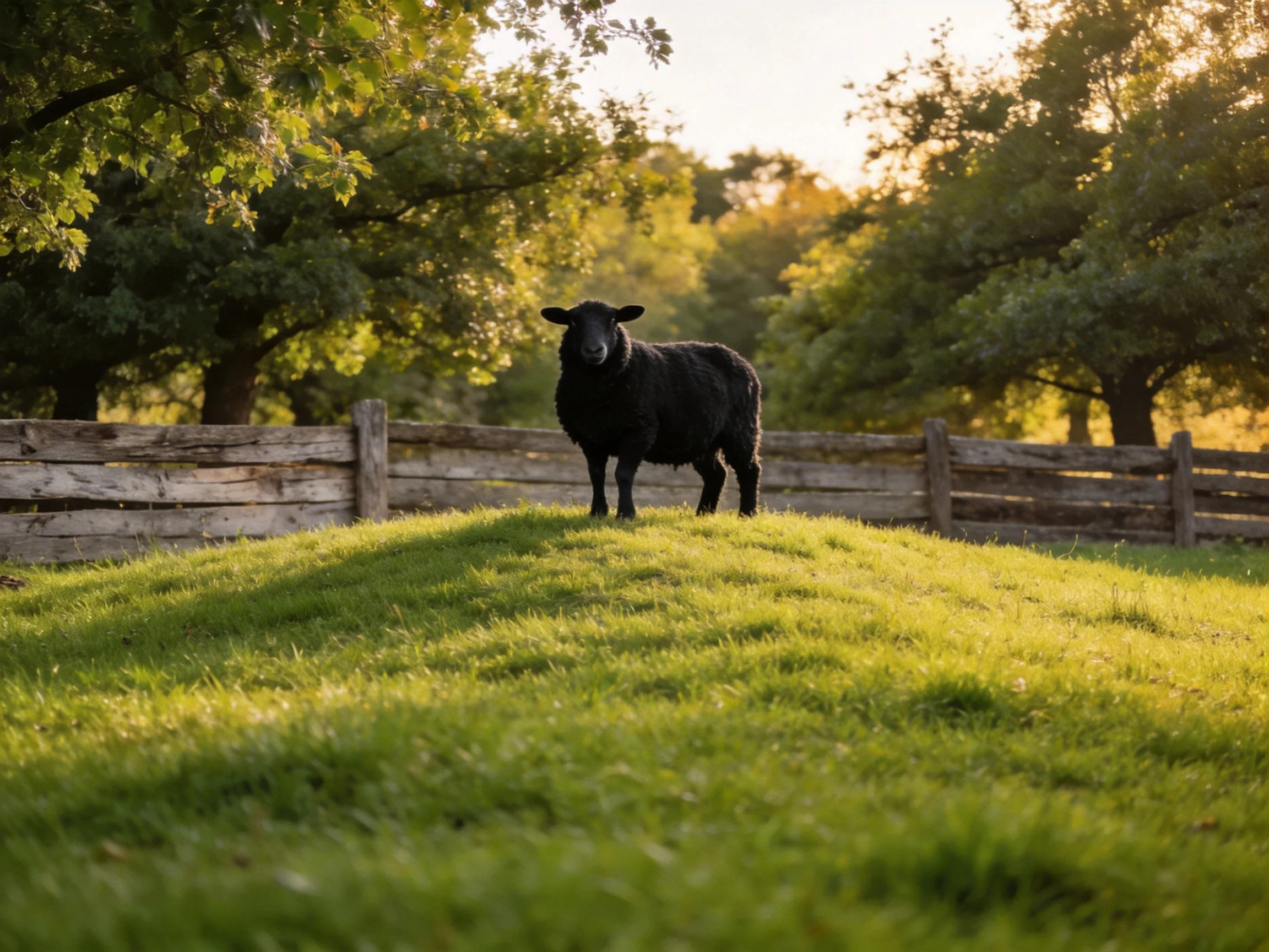 A black sheep stands on a sunlit grassy mound near a wooden fence