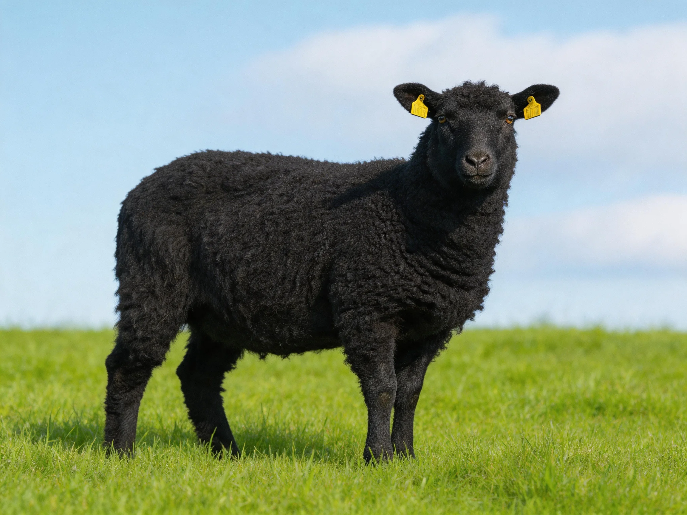 A black sheep stands on lush green grass beneath a bright blue sky.