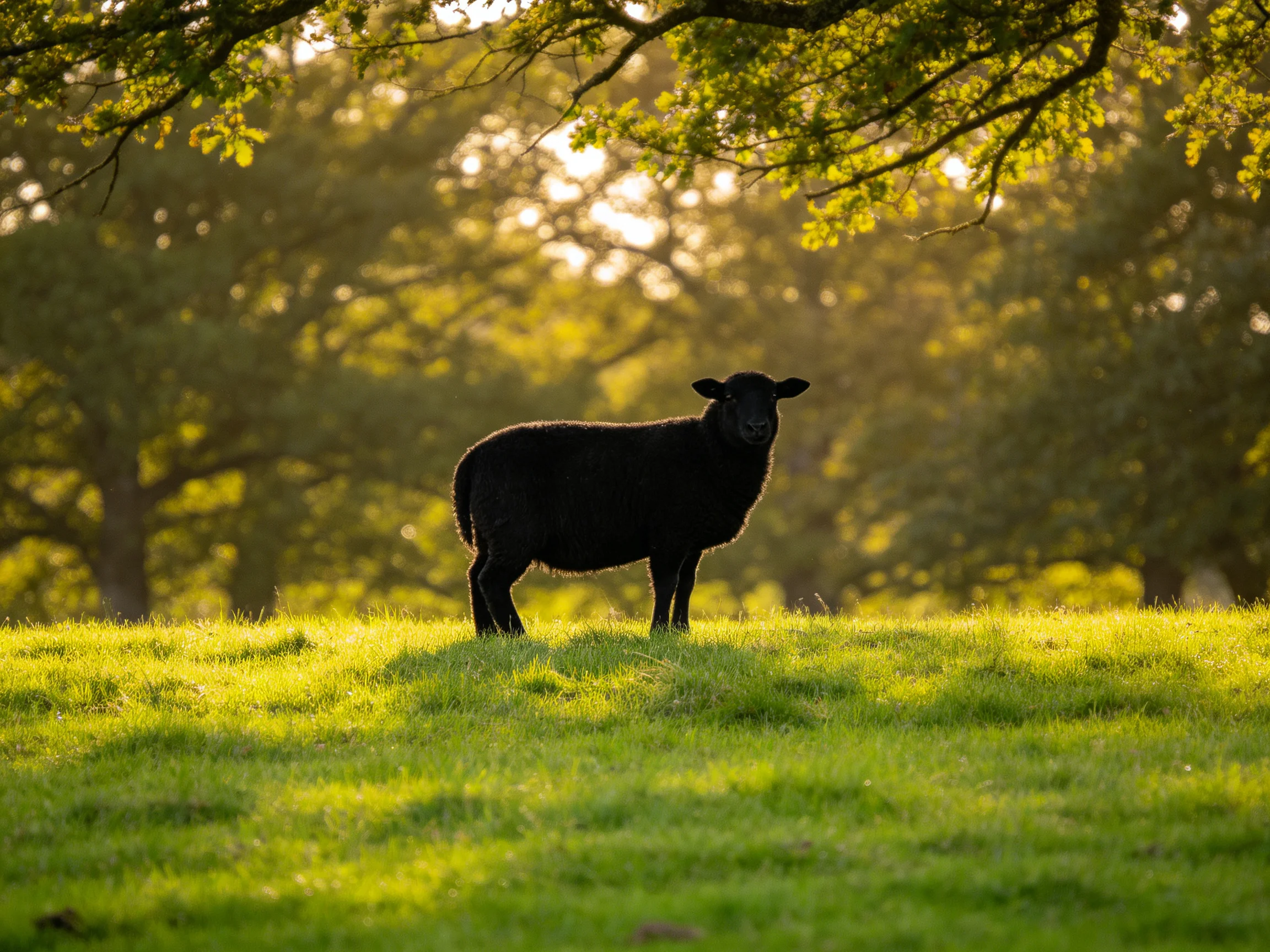 A black sheep stands on a sunlit meadow surrounded by golden-hued trees.