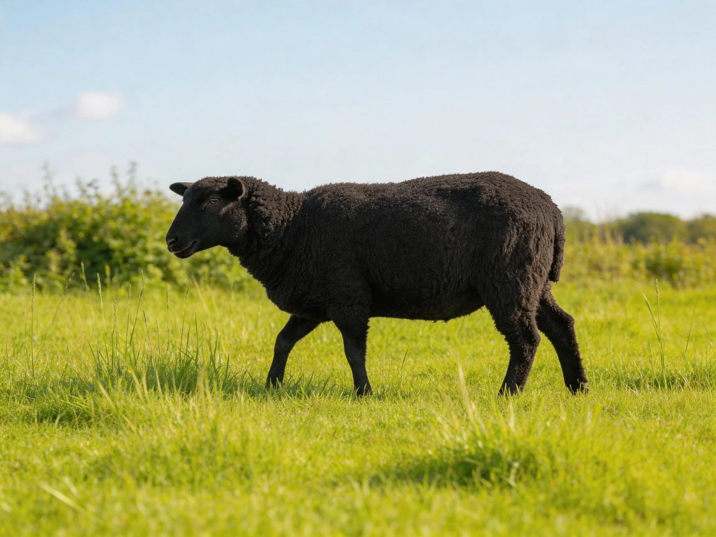 A black sheep wanders through a lush green pasture