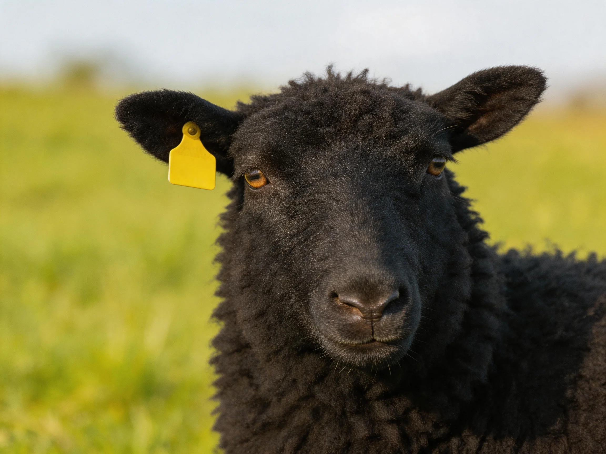 A black sheep with a yellow ear tag stands in a sunlit green field.