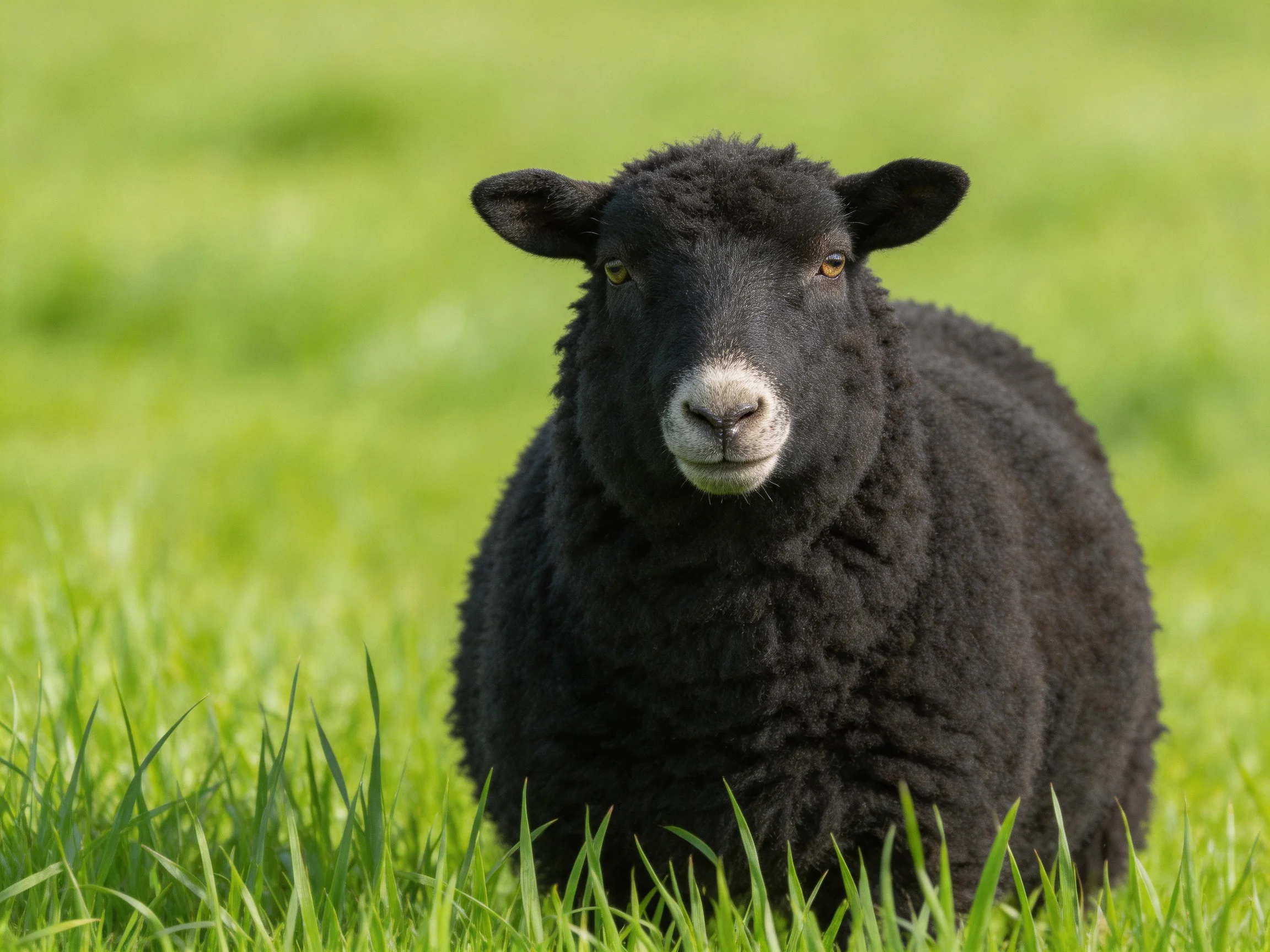 A black sheep with a white snout stands amid lush green grass