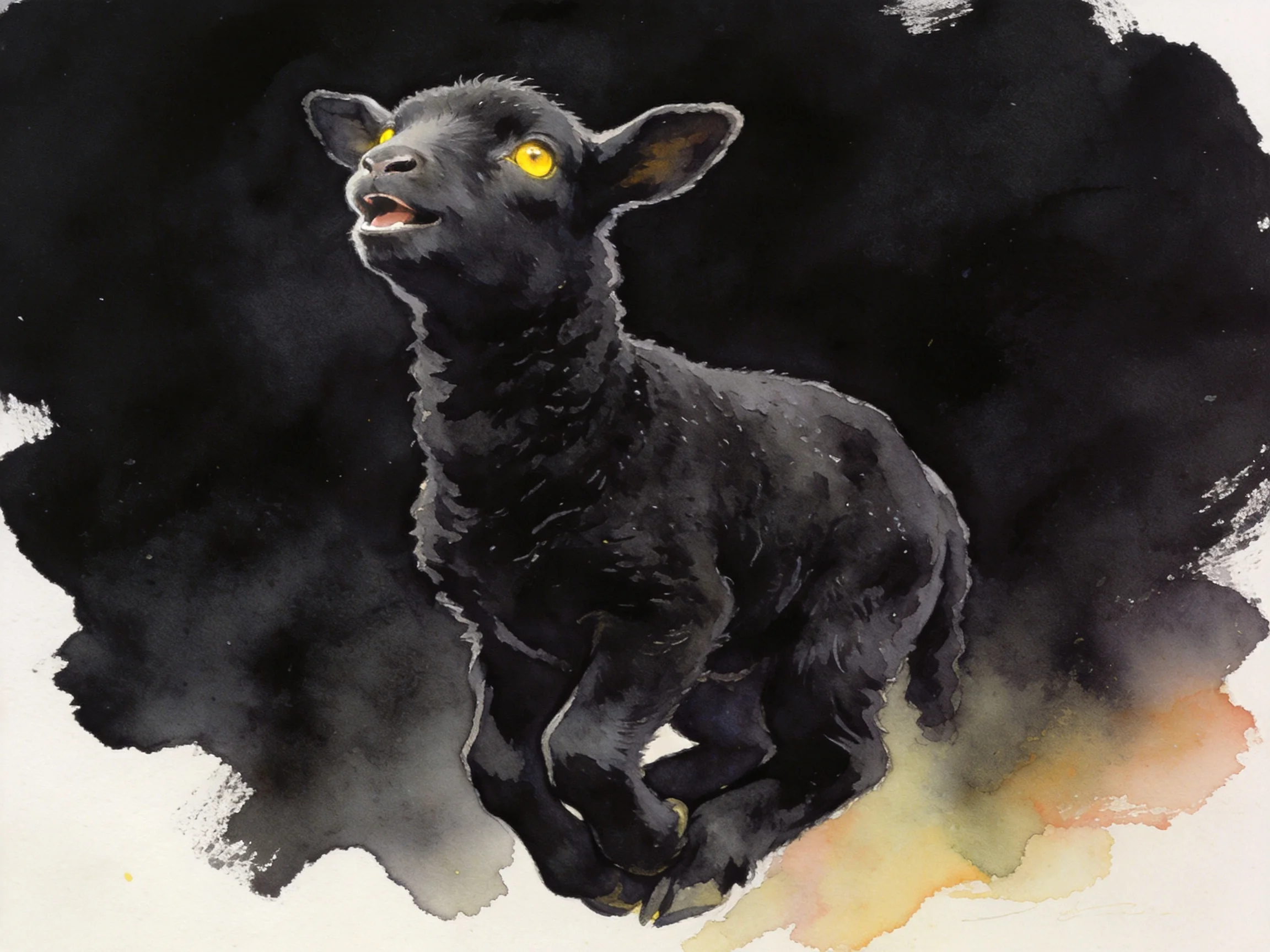 A black sheep with bright yellow eyes in dramatic ink wash style
