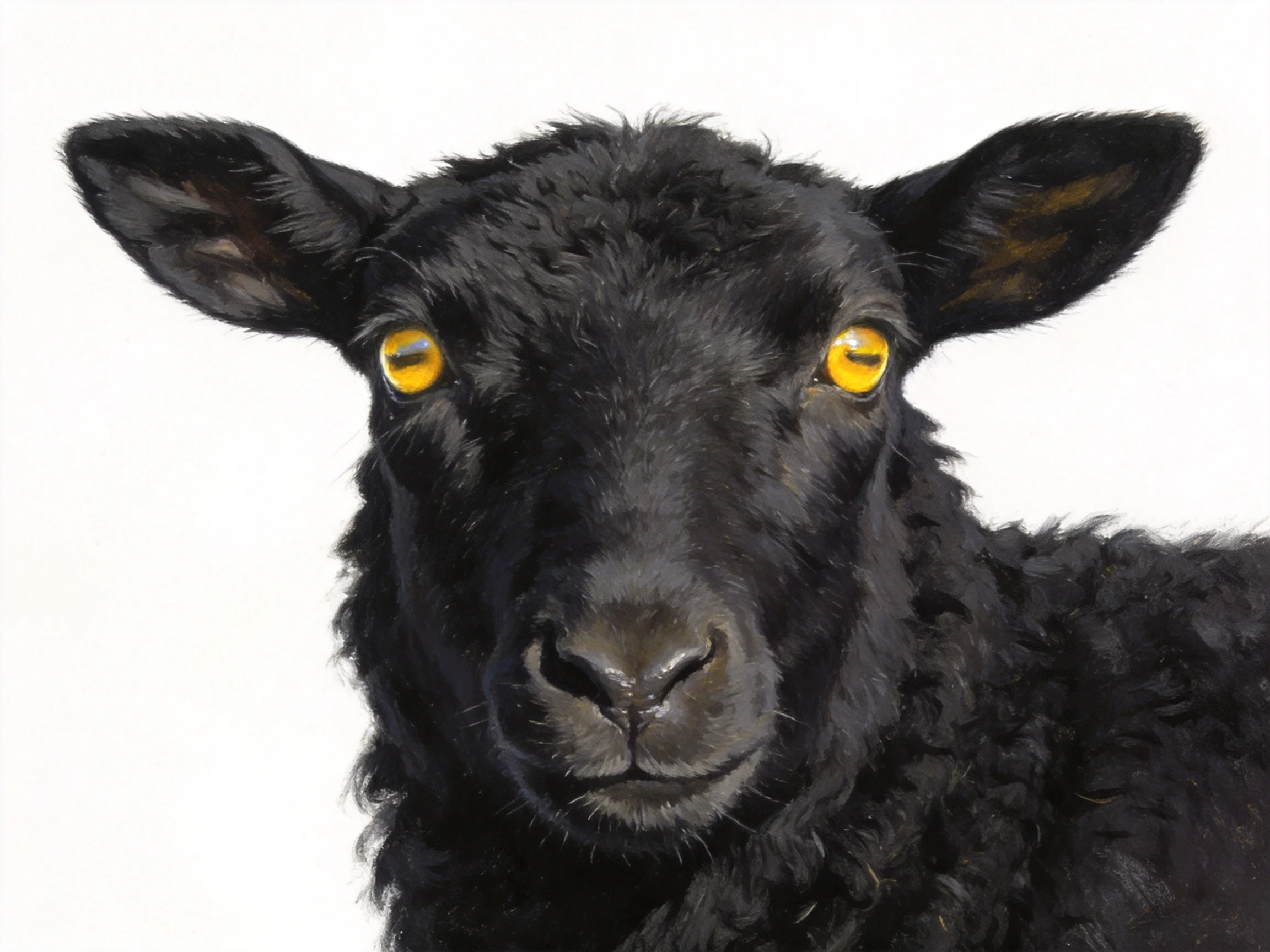 A black sheep with bright yellow eyes, textured wool, set against a plain white backdrop