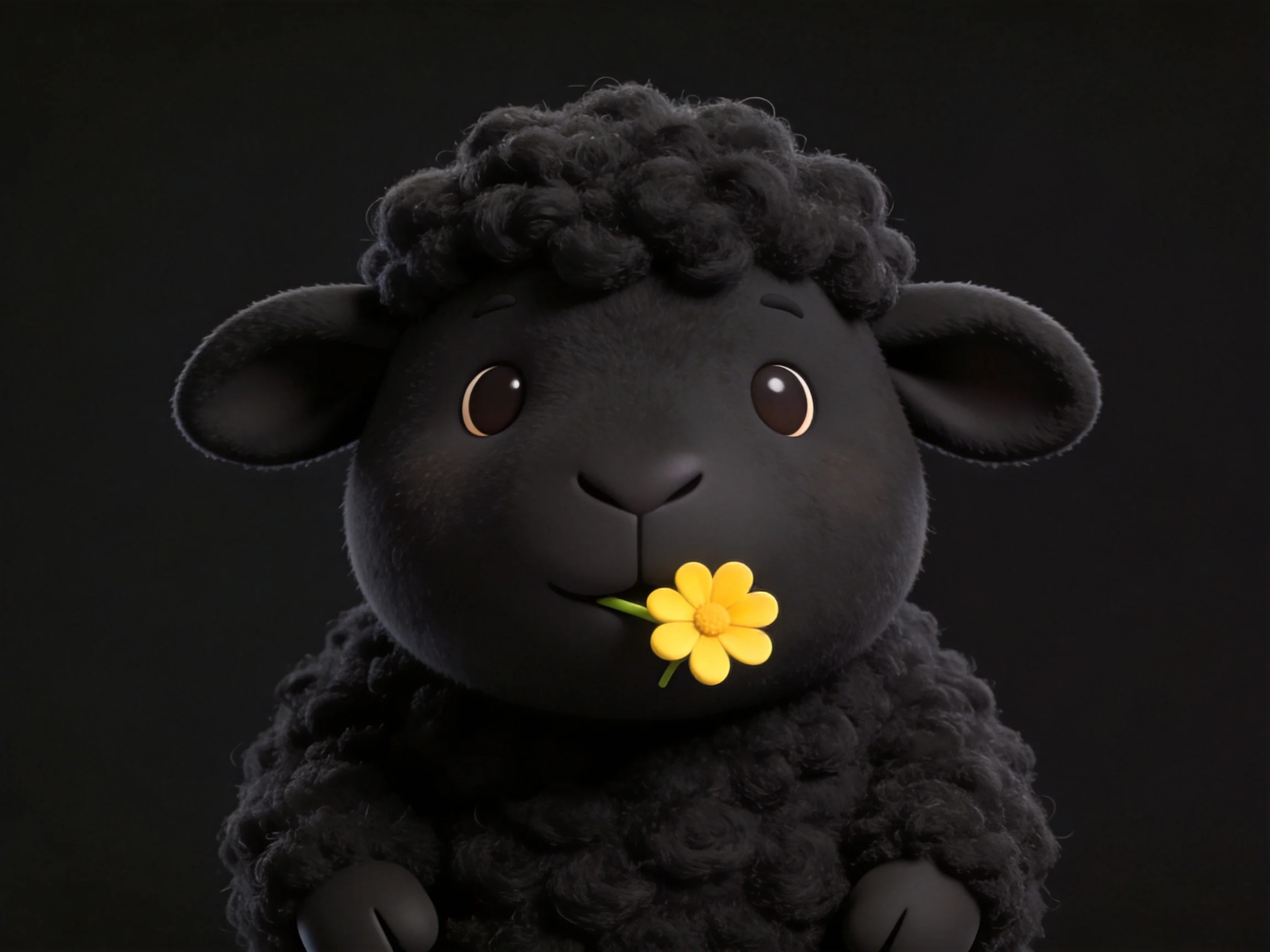 A black sheep with curly wool holding a bright yellow flower