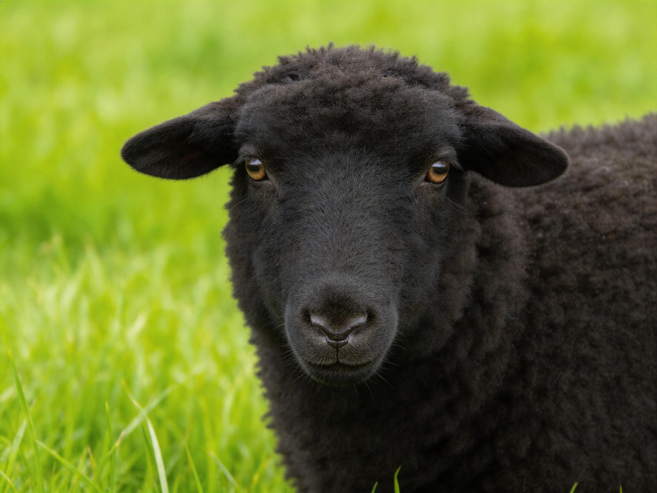 A black sheep with curly wool in bright green grass