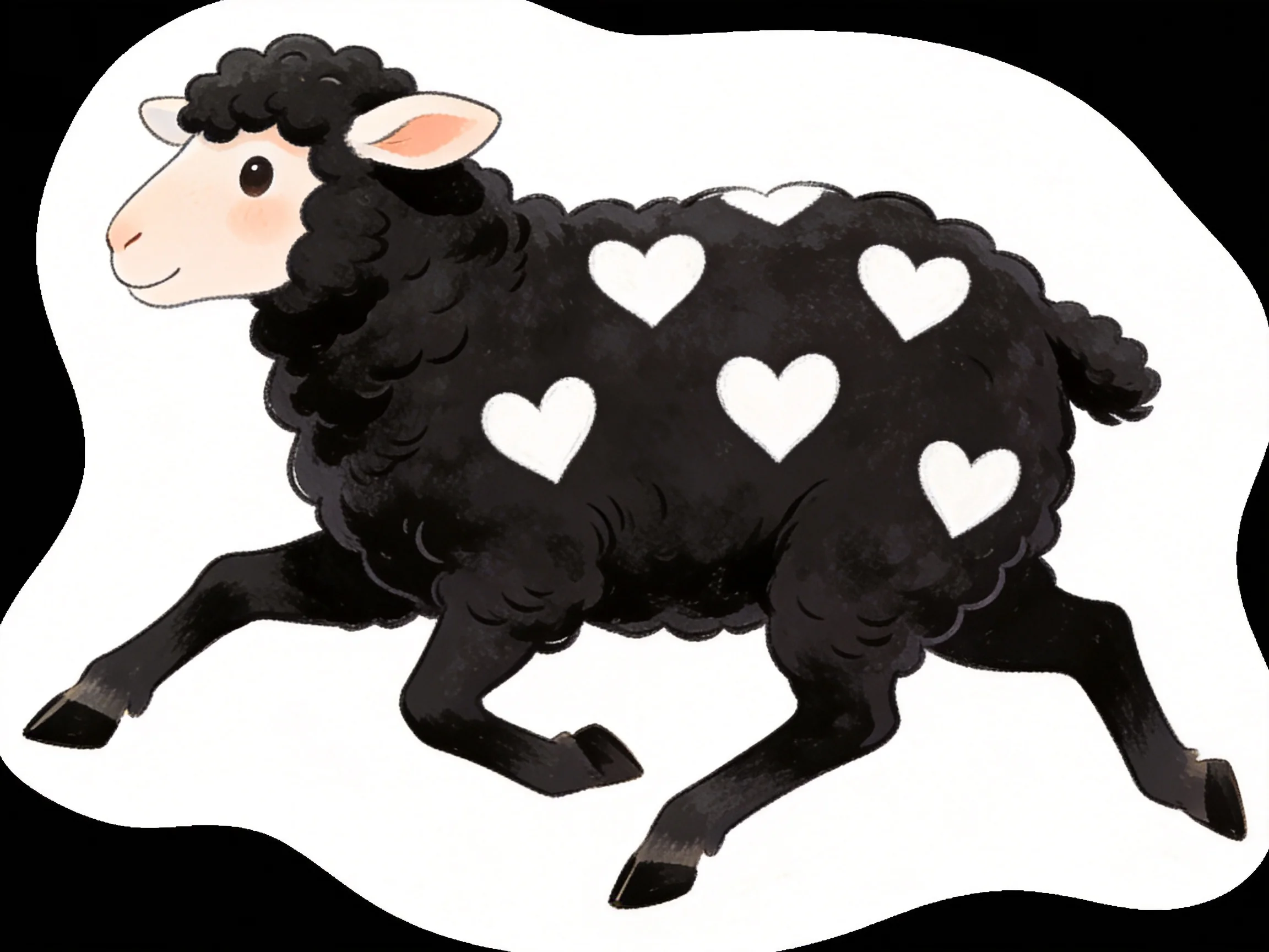 A black sheep with five white heart shapes running