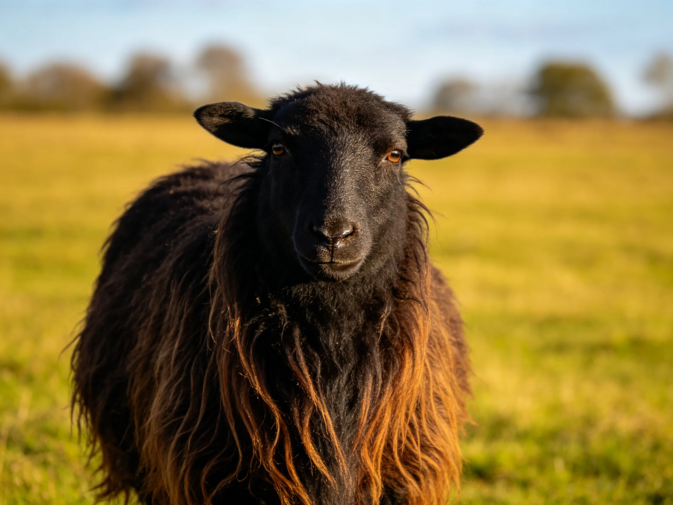 A black sheep with long brownish wool stands in a sunlit meadow
