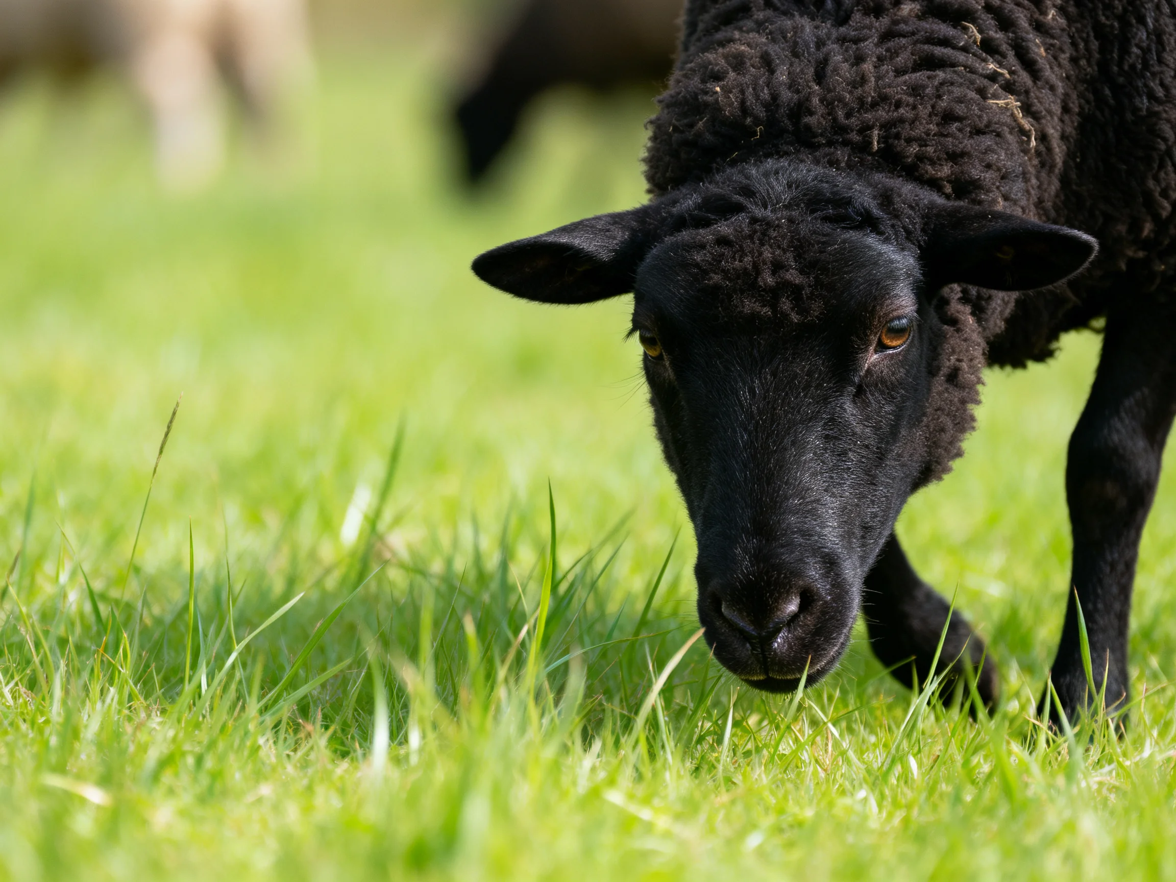 A black sheep with thick, curly wool grazing in bright green grass